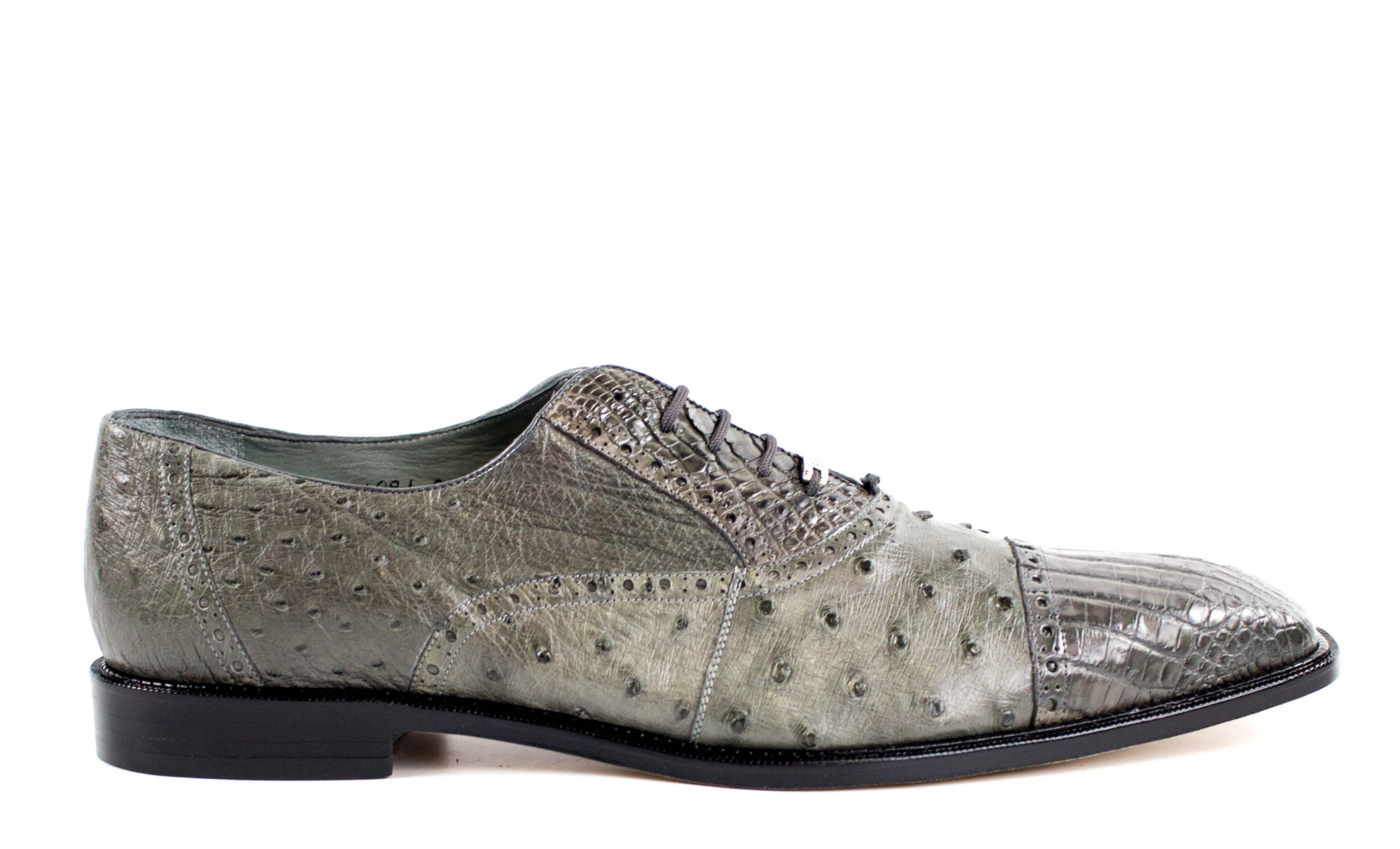 Belvedere Onesto II Genuine Ostrich & Caiman Crocodile Dress Shoes for Men - Gray Size 8.5,14,15 - Luxury Formal Business & Wedding Shoes