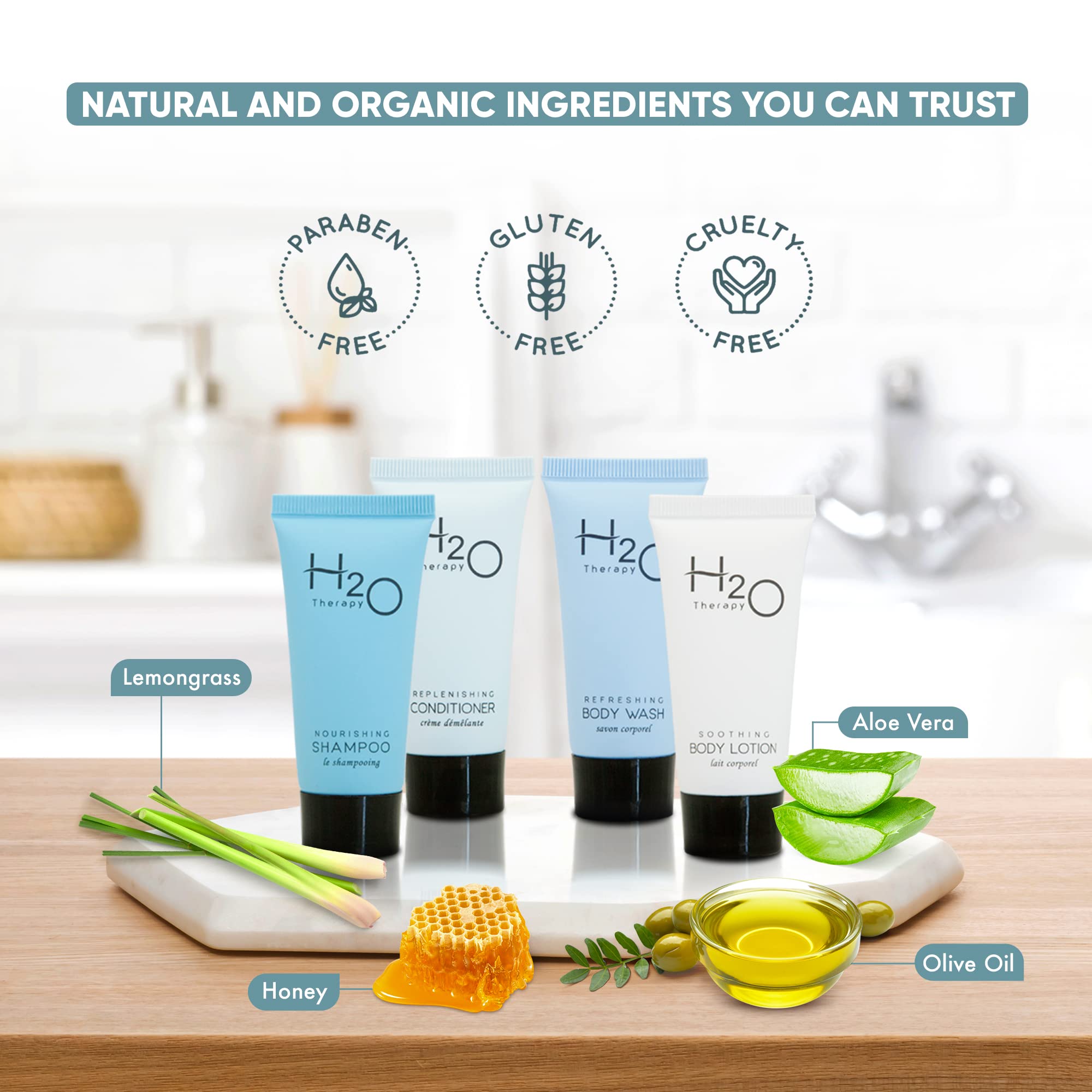 H2O Therapy Travel Size Toiletries Set - 80 Pcs .85oz Hotel Shampoo, Conditioner, Body Wash & Lotion + 100 Pcs Cleansing Soap Bars | Bulk Personal Care Essentials for Hotels, Gyms, Spas & Travel