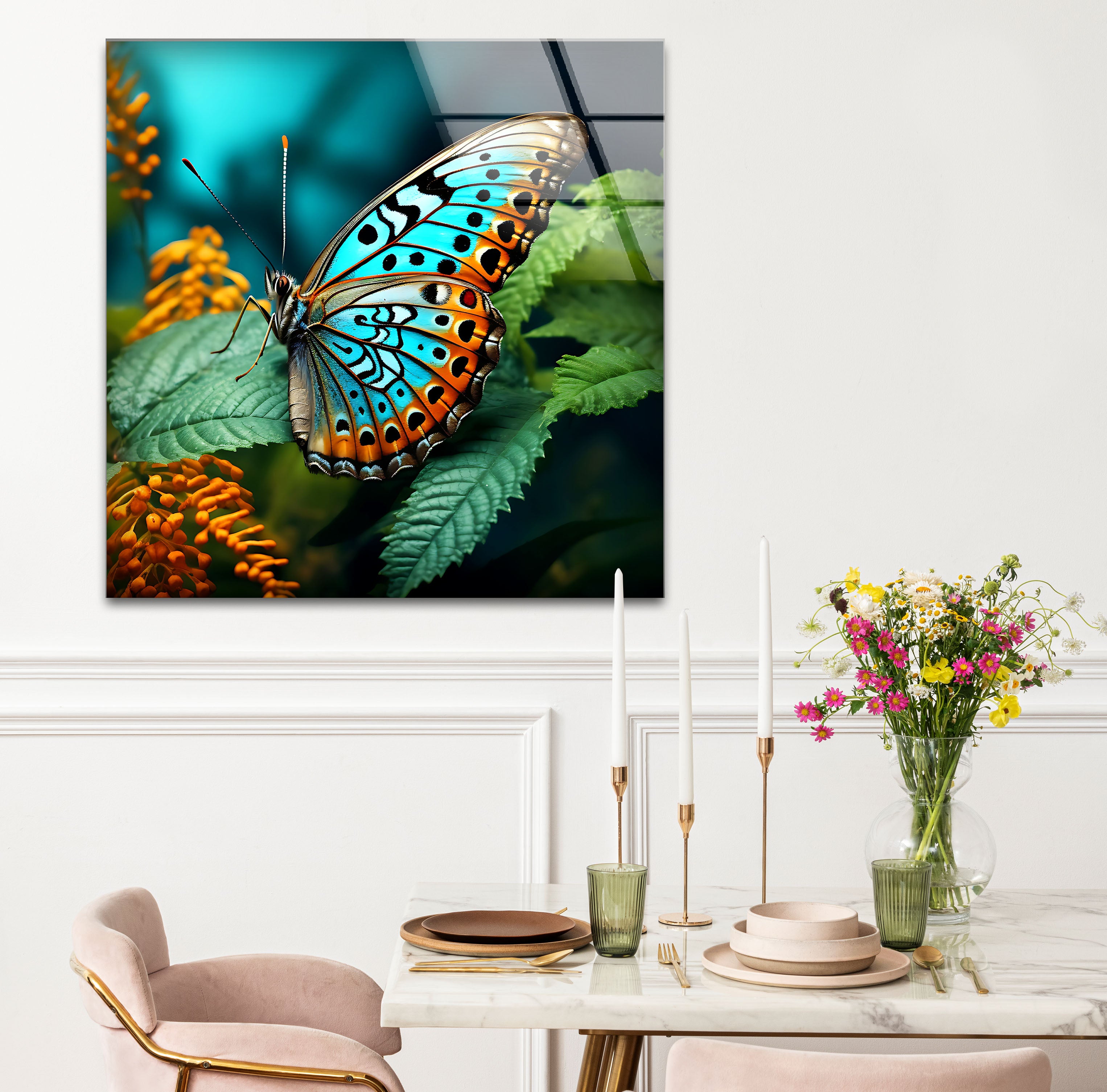 Blue Monarch Glass Wall Art - Vibrant Butterfly on Leaf Print | Elegant Home Decor for Living Room, Bedroom & Office | Perfect Gift for Nature Lovers