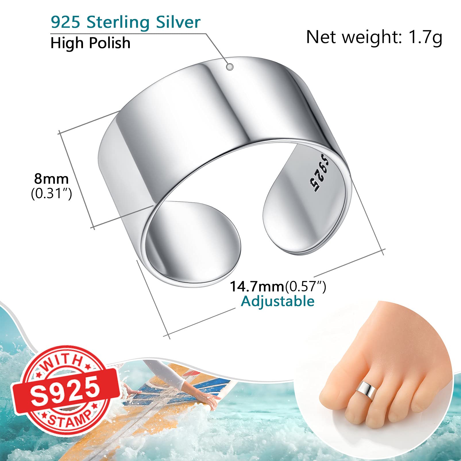PROSILVER 925 Sterling Silver Toe Rings for Women - Adjustable Open Toe Rings, Dainty Pinky Rings for Summer & Beach - Gift Box Included | Perfect for Beach Vacations, Pedicures & Boho Fashion