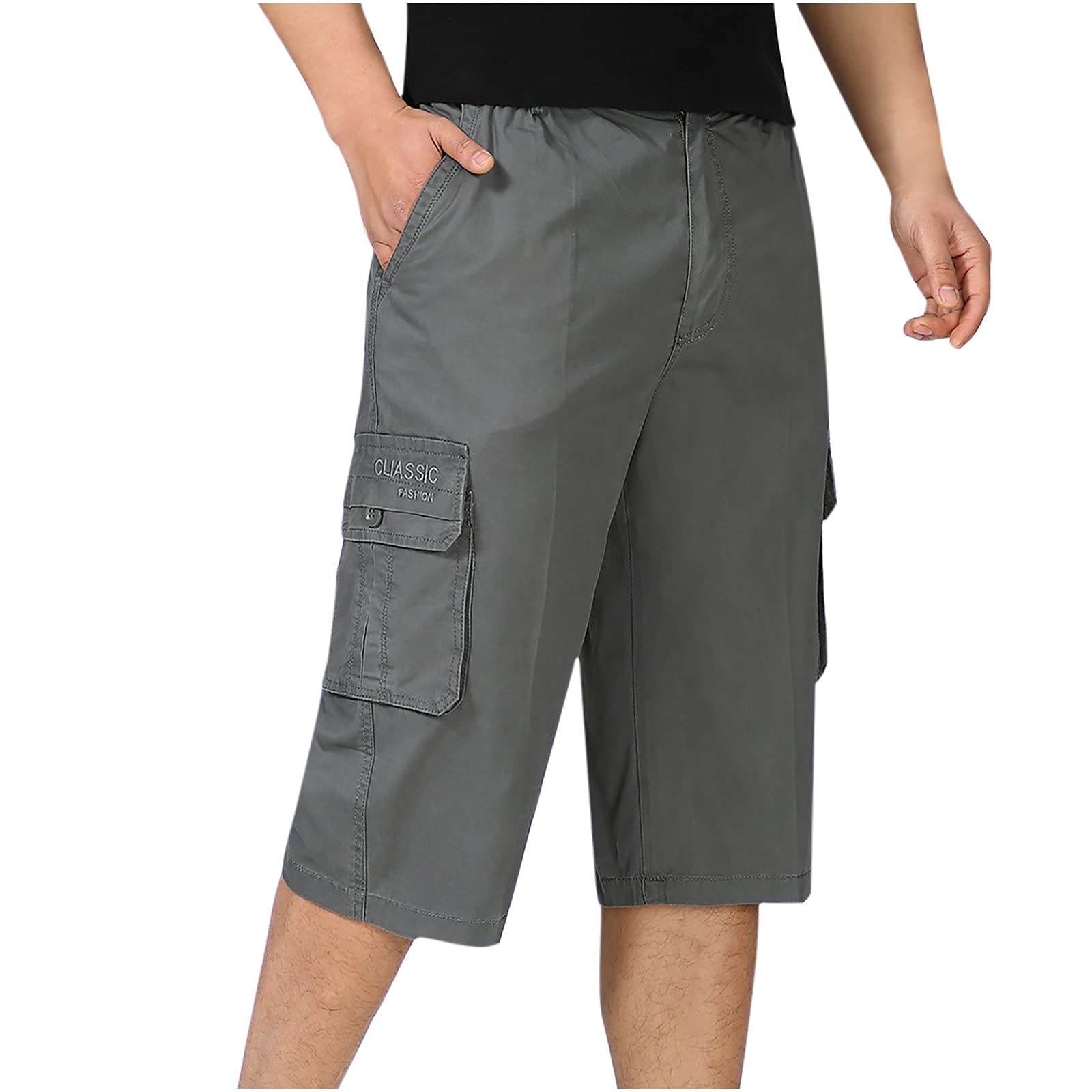 Danlai Tactical Cargo Shorts for Men - Elastic Waist, Loose Fit 3/4 Work Shorts - Durable Outdoor, Hiking & Construction Workwear