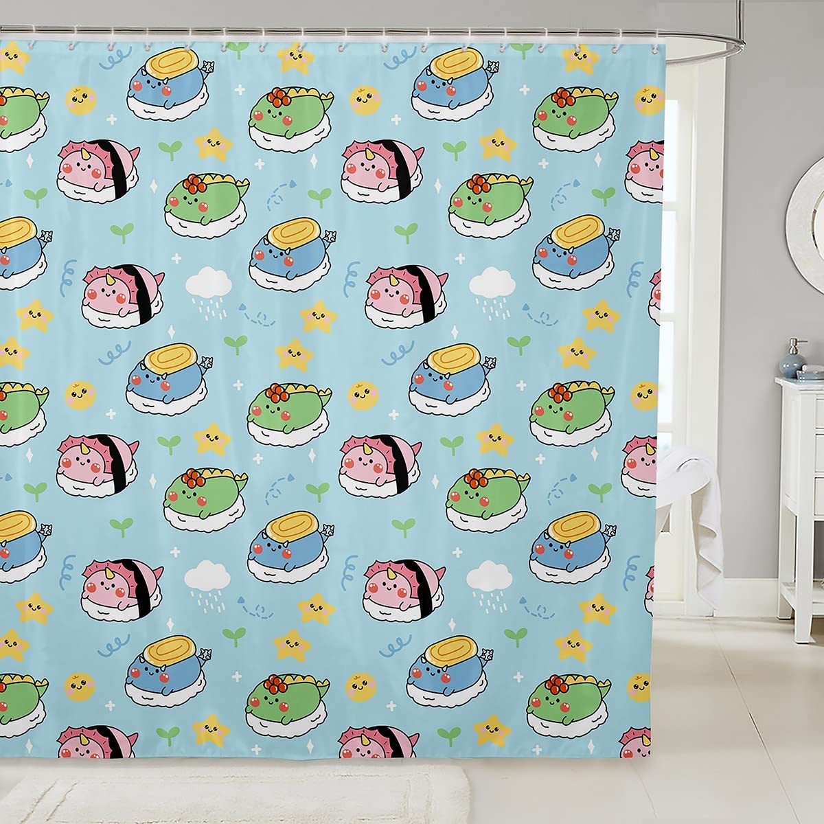 Kawaii Dinosaur Animal Sushi Shower Curtain - Waterproof Bathroom Decor for Kids & Adults, 72x72 Inch, Pink Blue Green Cartoon Design - Perfect for Kids' Bathrooms, Themed Bedrooms, and Playroom Decor