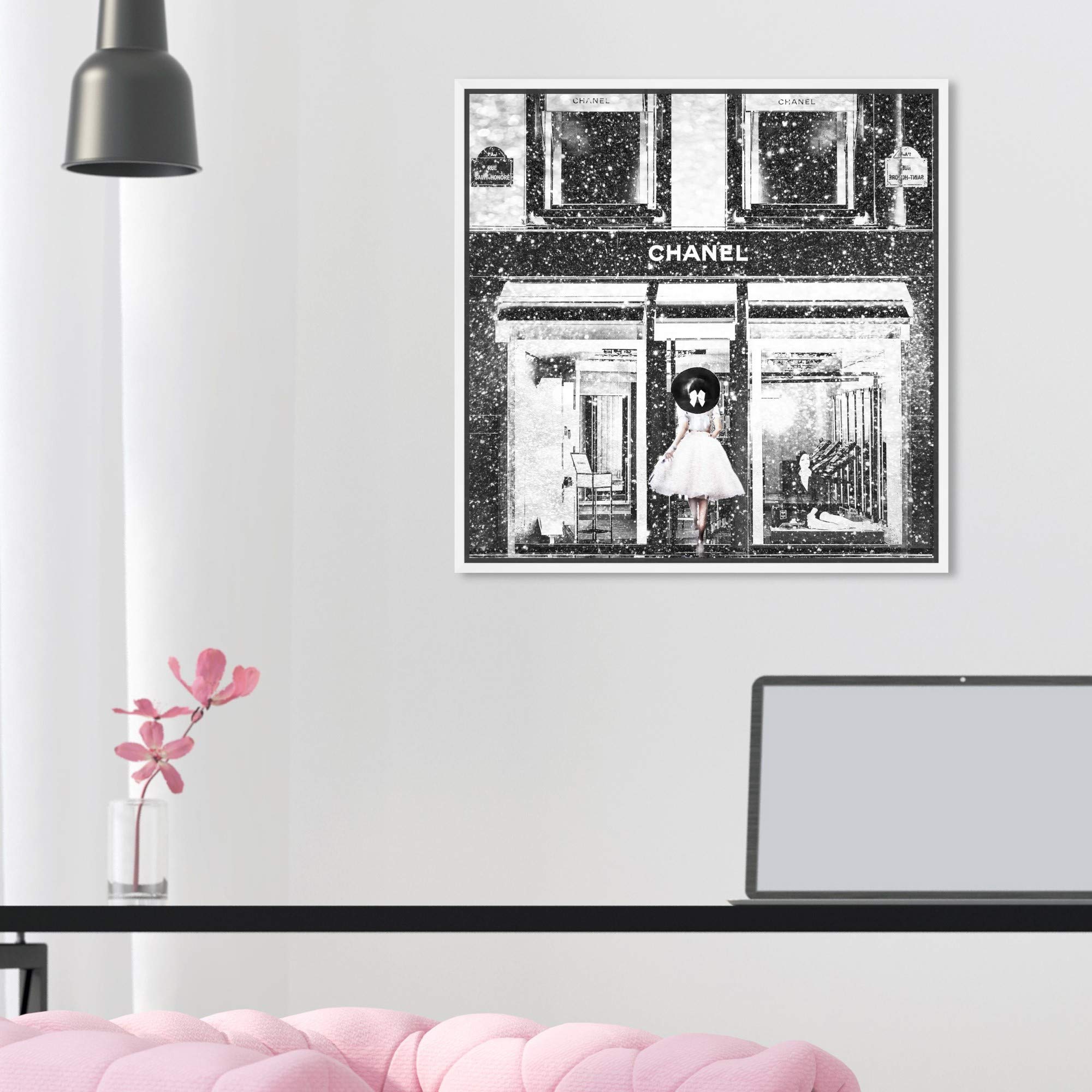 Oliver Gal Artist Co. 'Queen of The Store Noir' Fashion Glam Wall Art Canvas Print - 16x16 Inch White Framed Home Decor for Living Room, Bedroom & Office