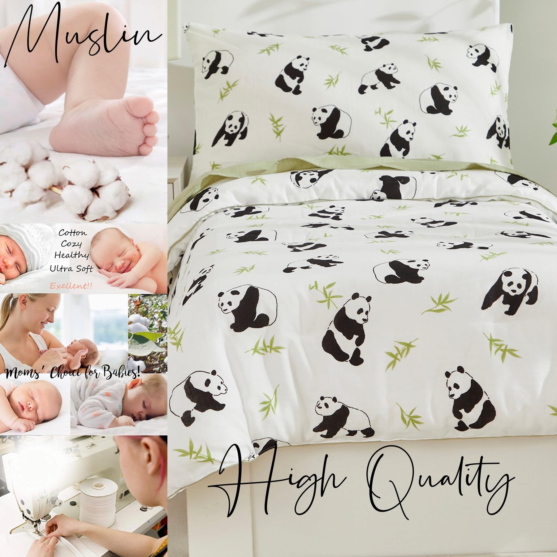 Brandream Panda Print Toddler Bedding Set - 4Pcs Neutral Nursery Bedding for Boys & Girls (Comforter, Flat Sheet, Fitted Sheet & Pillowcase) - Soft White & Green Crib Set for Cozy Sleep & Playtime