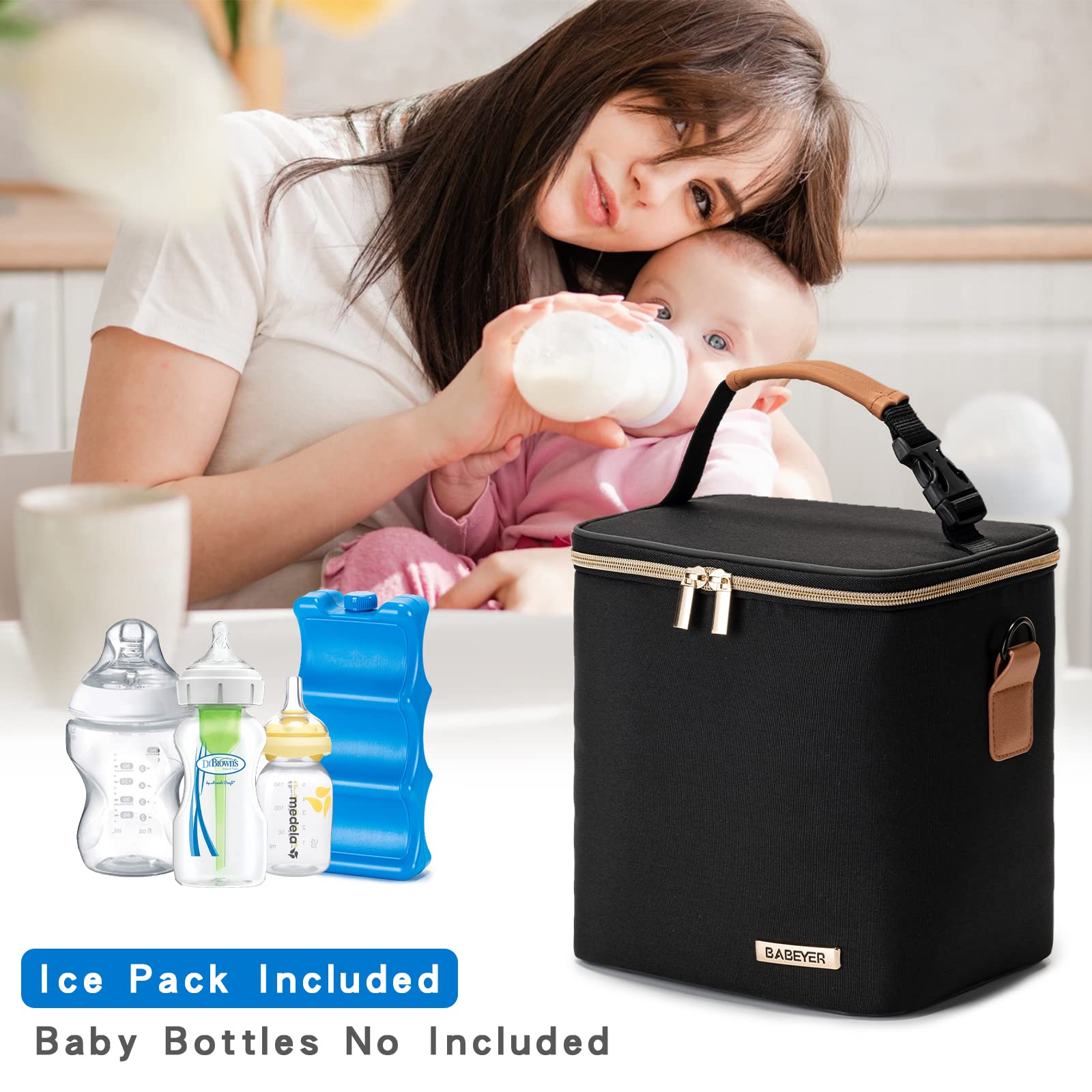 Premium Insulated Breastmilk Cooler Bag with Ice Pack - Holds 6 Baby Bottles (Up to 9oz) - Convenient Shoulder Strap for Nursing Moms - Perfect for Daycare, Work & Travel - Black