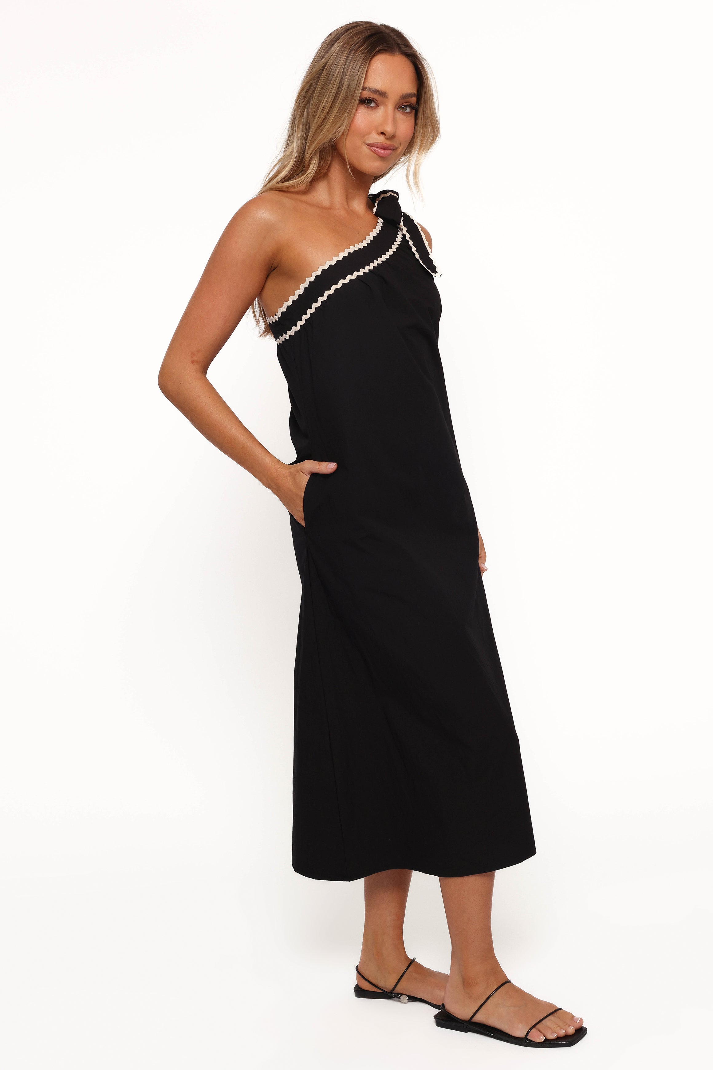 Brynlee One Shoulder Midi Dress - Elegant Black & Cream Formal Evening Gown for Women | Perfect for Cocktail Parties, Weddings & Special Occasions