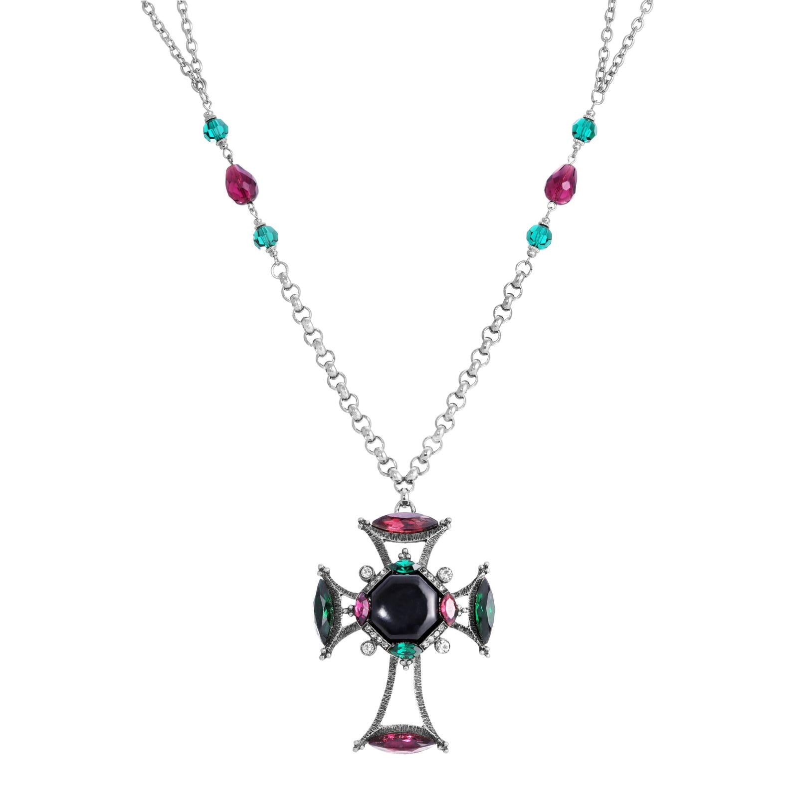 1928 Jewelry Monarch Emerald & Amethyst Crystal Black Octagon Stone Cross Pendant Necklace - 30 Inch Chain, Vintage Gothic Jewelry for Women, Perfect for Church, Weddings & Special Occasions