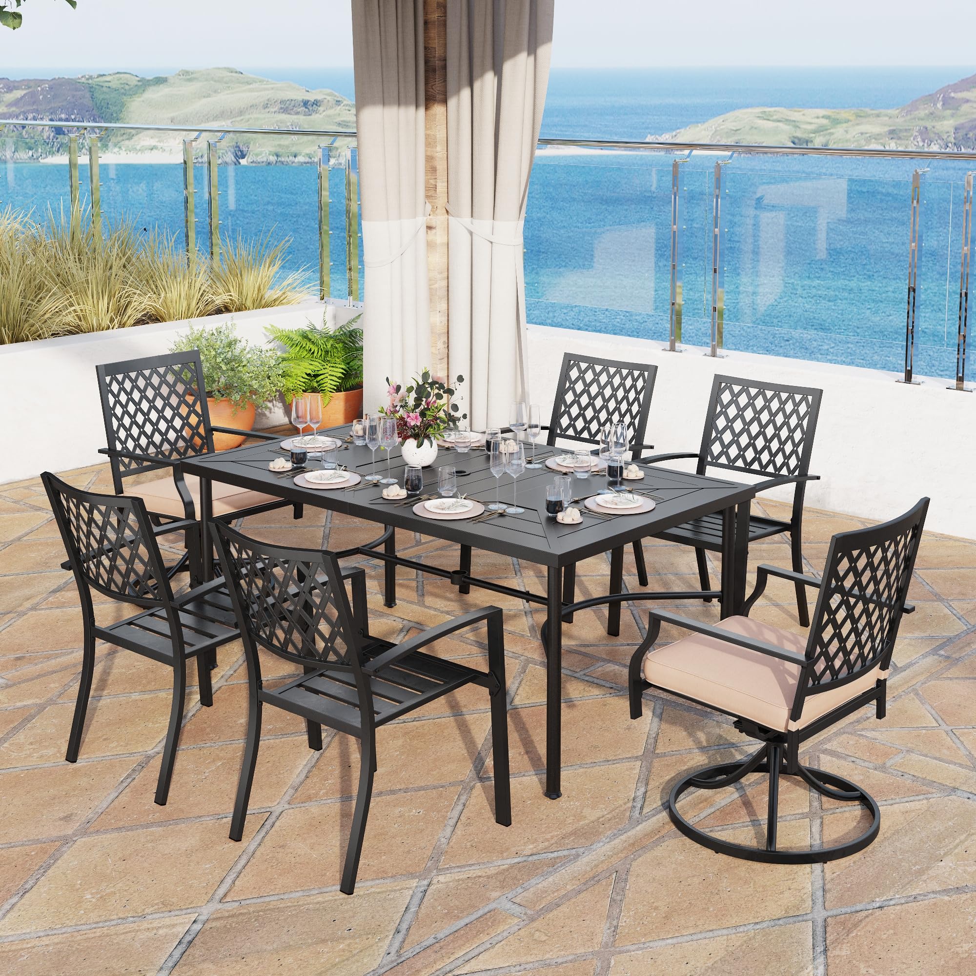 MFSTUDIO 7-Piece Black Metal Outdoor Patio Dining Set with 64