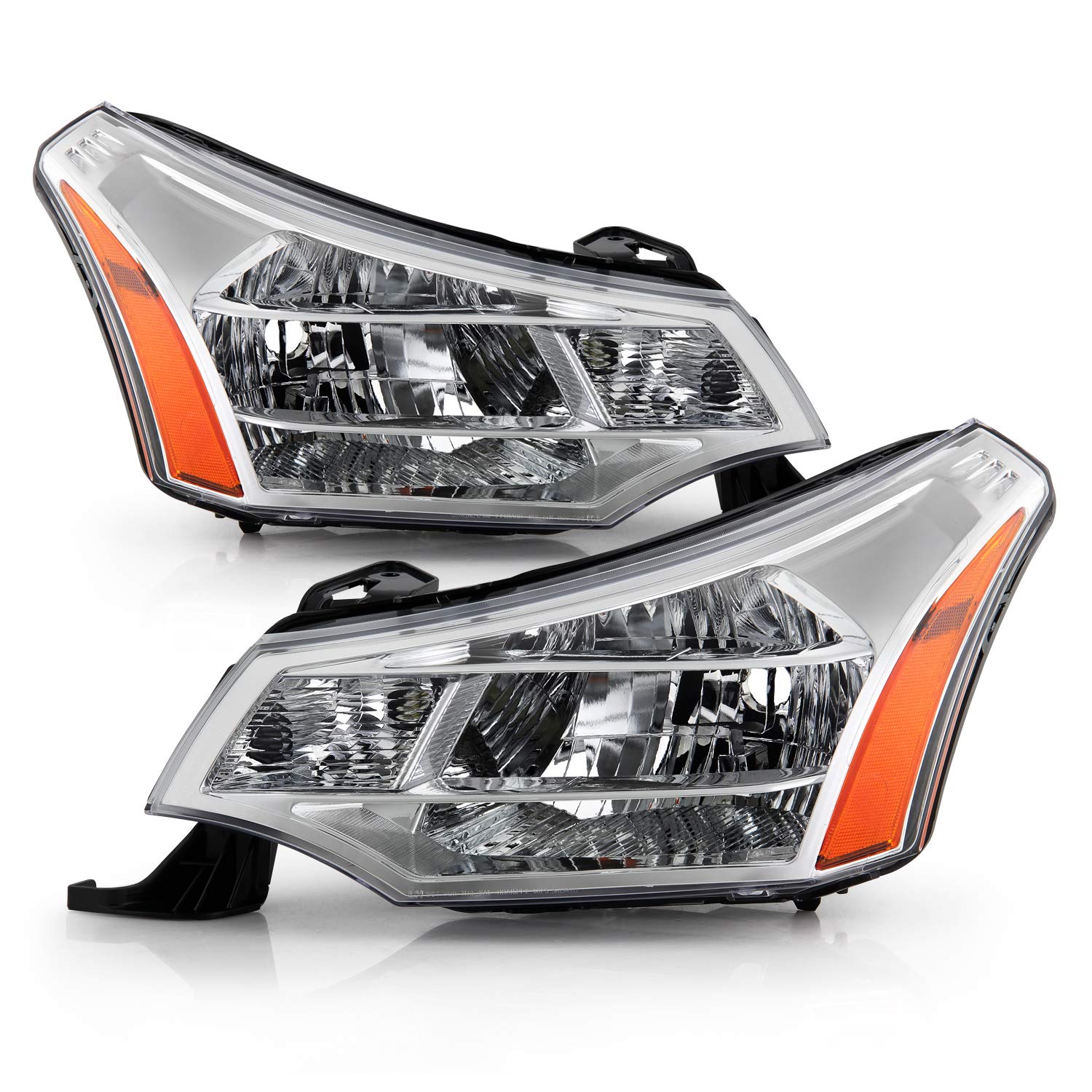AKKON Replacement Headlights for 2008-2011 Ford Focus - OE Factory Style Chrome Headlight Assembly Pair - Perfect for Night Driving & Car Restoration Projects
