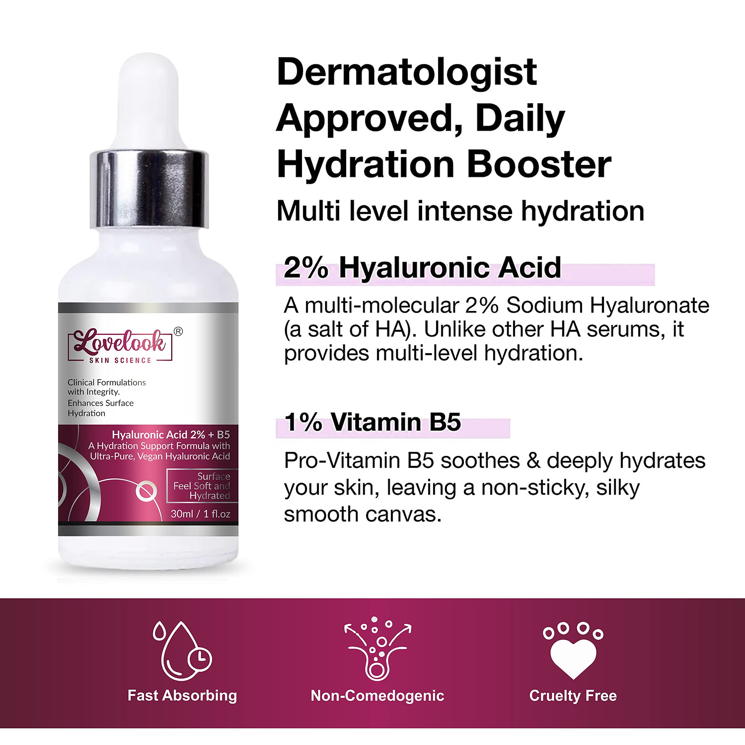 Lovelook 2% Hyaluronic Acid Serum for Deep Hydration - Anti-Aging Face Serum for Glowing Skin & Fine Lines Reduction | Daily Moisturizer for Dry, Normal & Oily Skin - Men & Women | Perfect for Night Routine & Under Makeup Application