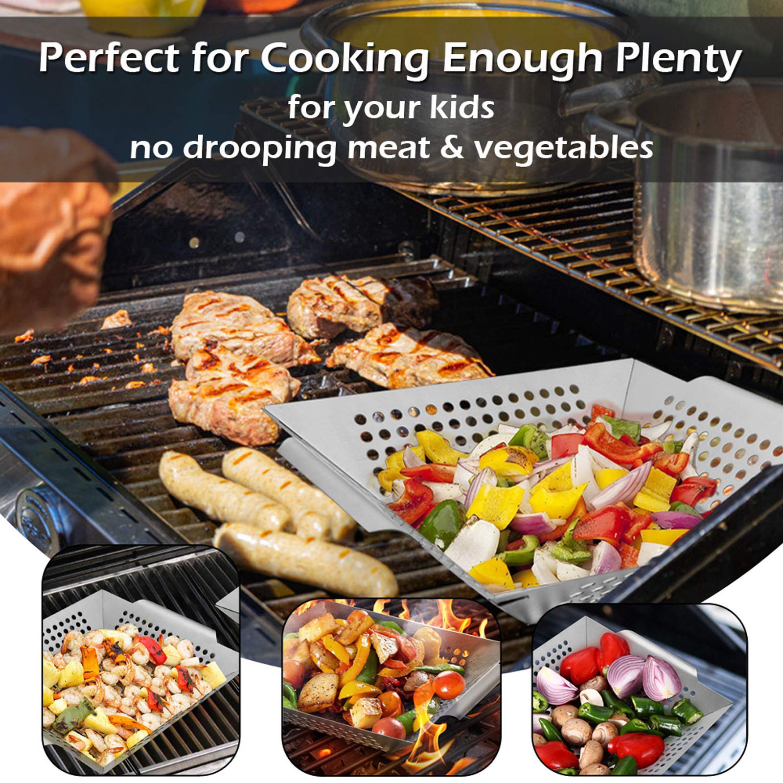 8” Stainless Steel Grilling Basket Set of 2 - Heavy Duty BBQ Grill Wok for Vegetables, Kabobs, Shrimps - Universal Fit for All Grills, Dishwasher Safe - Perfect for Backyard BBQs, Camping & Outdoor Cooking