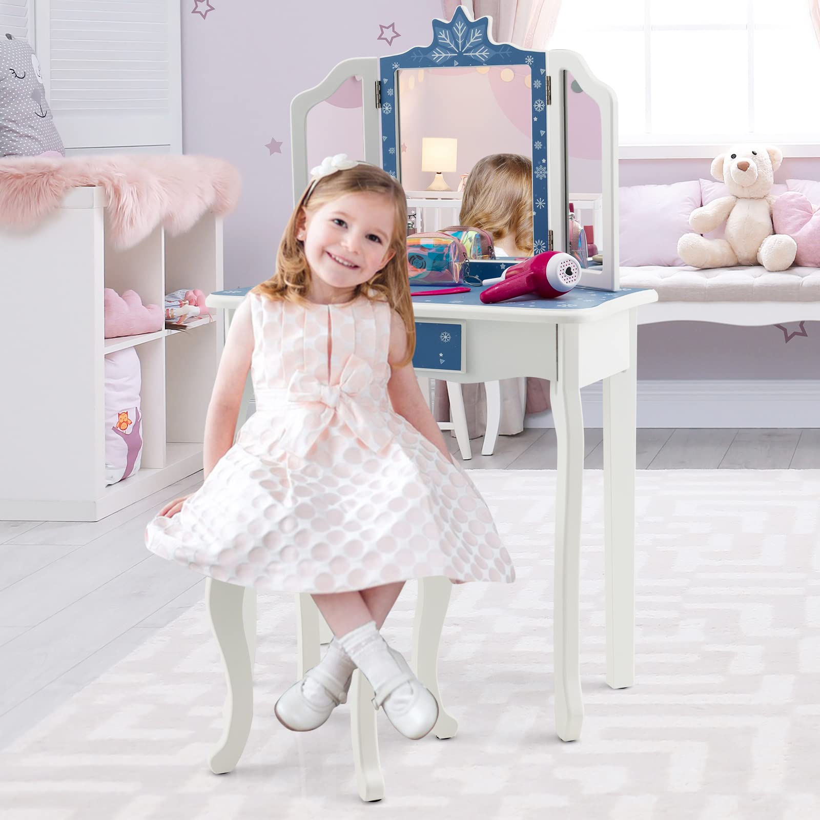 Honey Joy Kids Vanity Set - Princess Makeup Table with Mirror & Stool for Girls Bedroom (Blue) - Perfect for Dress-Up & Pretend Play