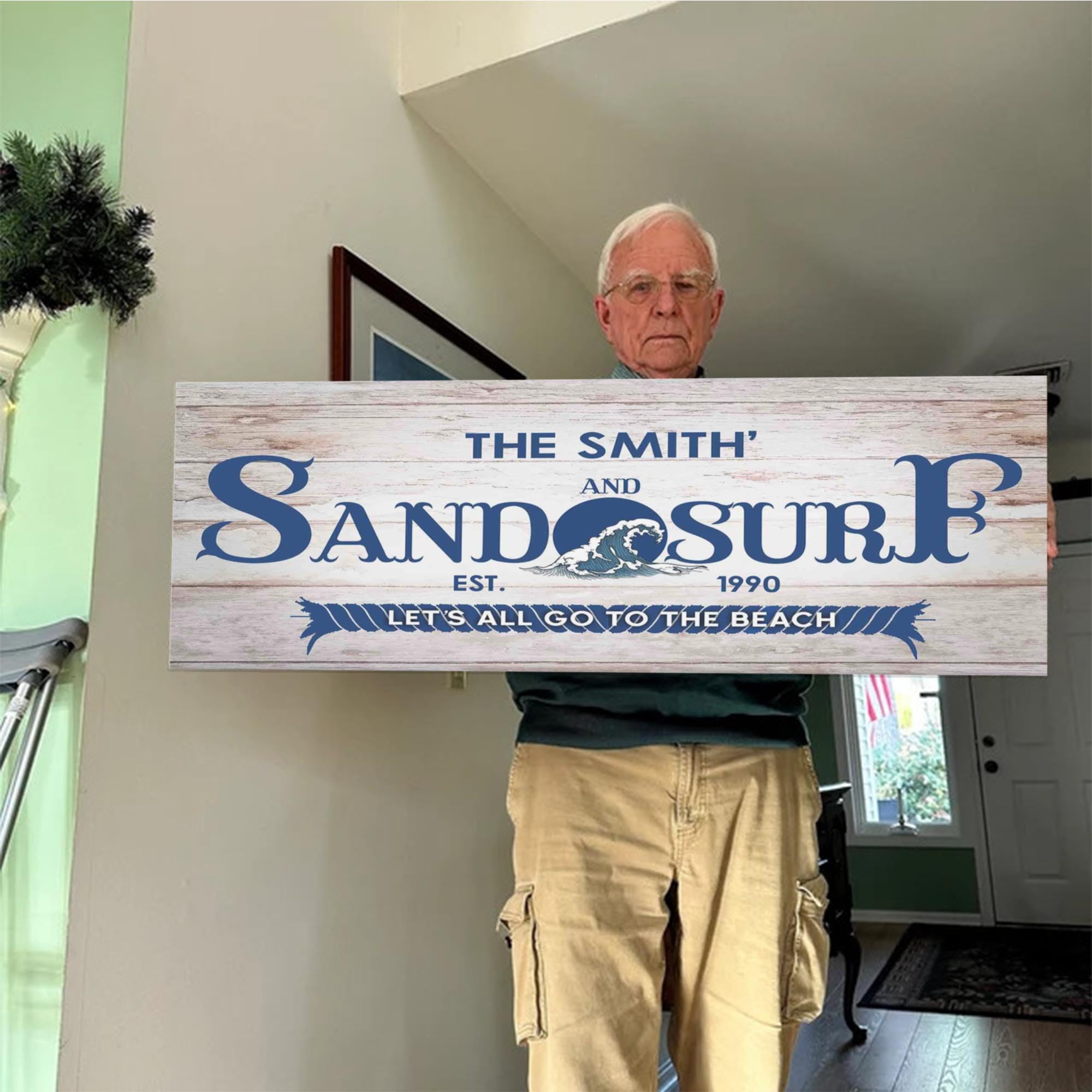 Personalized Coastal Beach Sign Wall Decor - Large Rustic White Wood Canvas Art for Home, Living Room, Bedroom & Porch - 36x12 Inch Sand & Surf Ocean Theme - Perfect for Beach House Decor, Coastal Interior Design & Nautical Gift Ideas