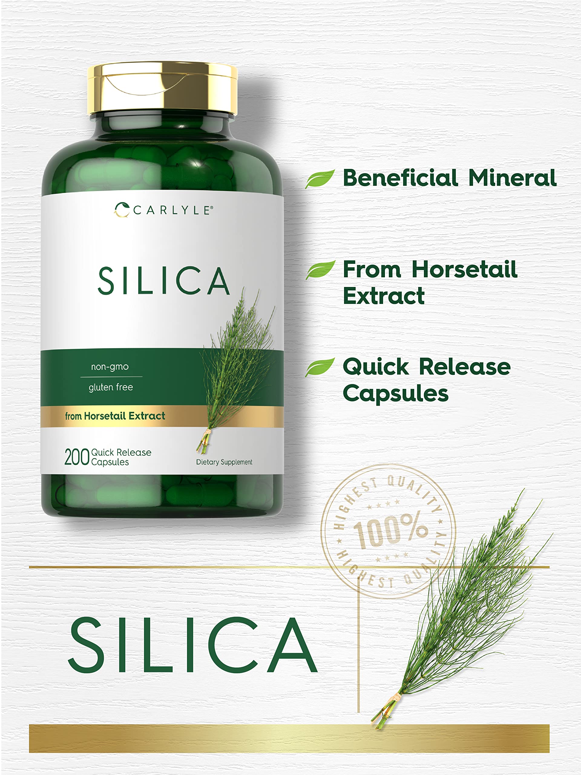 Carlyle Silica Supplement Capsules 200 Count | Natural Horsetail Extract | Non-GMO, Gluten Free | Supports Hair, Skin & Nail Health for Women & Men