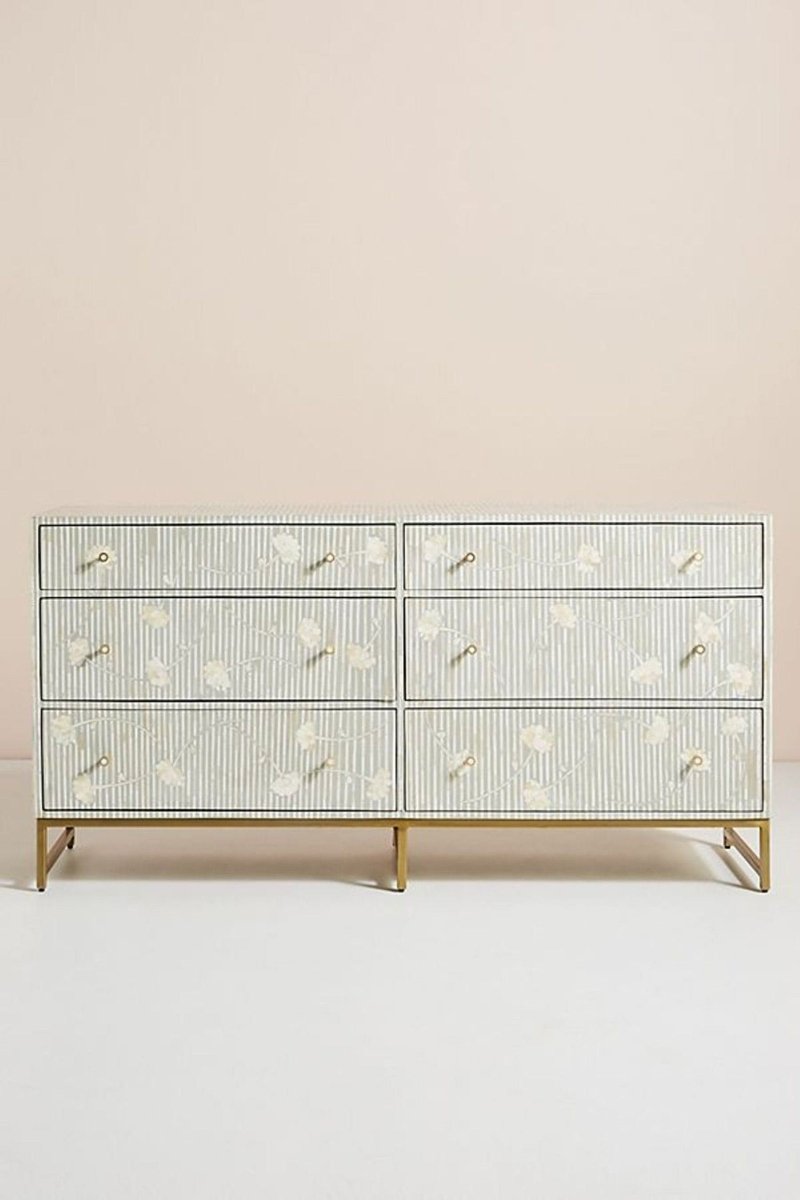 Handmade Floral Design 6-Drawer Chest | Gray Storage Unit for Bedroom, Living Room & Office Organization