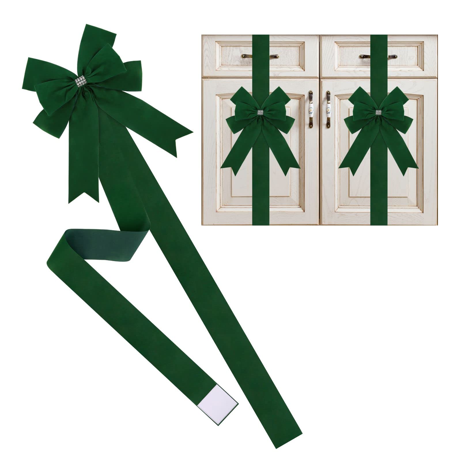 6 Pack Large Green Velvet Ribbon Bows for Cabinet Doors - Holiday Decor for Thanksgiving, Fall, Halloween & Christmas - Perfect for Home, Party & Gift Wrapping Decorations