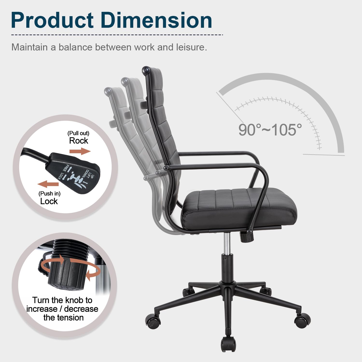 Ergonomic Office Desk Chair with Wheels - High Back Executive Swivel Rolling Chair, PU Leather Modern Ribbed Design for Home & Office Conference - Perfect for Long Work Hours, Video Calls, and Professional Workspaces