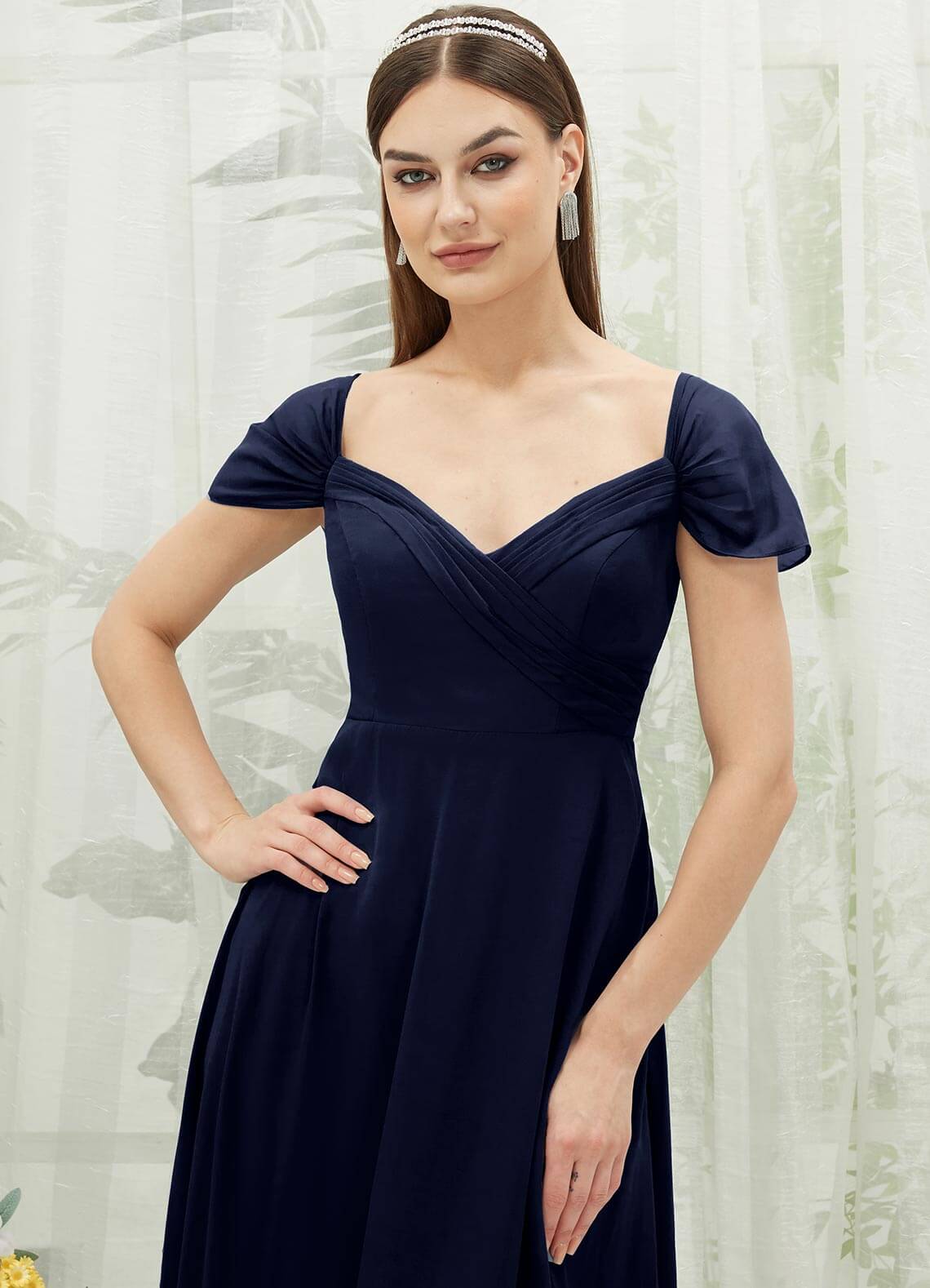 Elegant Dark Navy Chiffon Cold Shoulder Sweetheart Bridesmaid Dress with Pockets - Perfect for Weddings, Parties & Formal Events