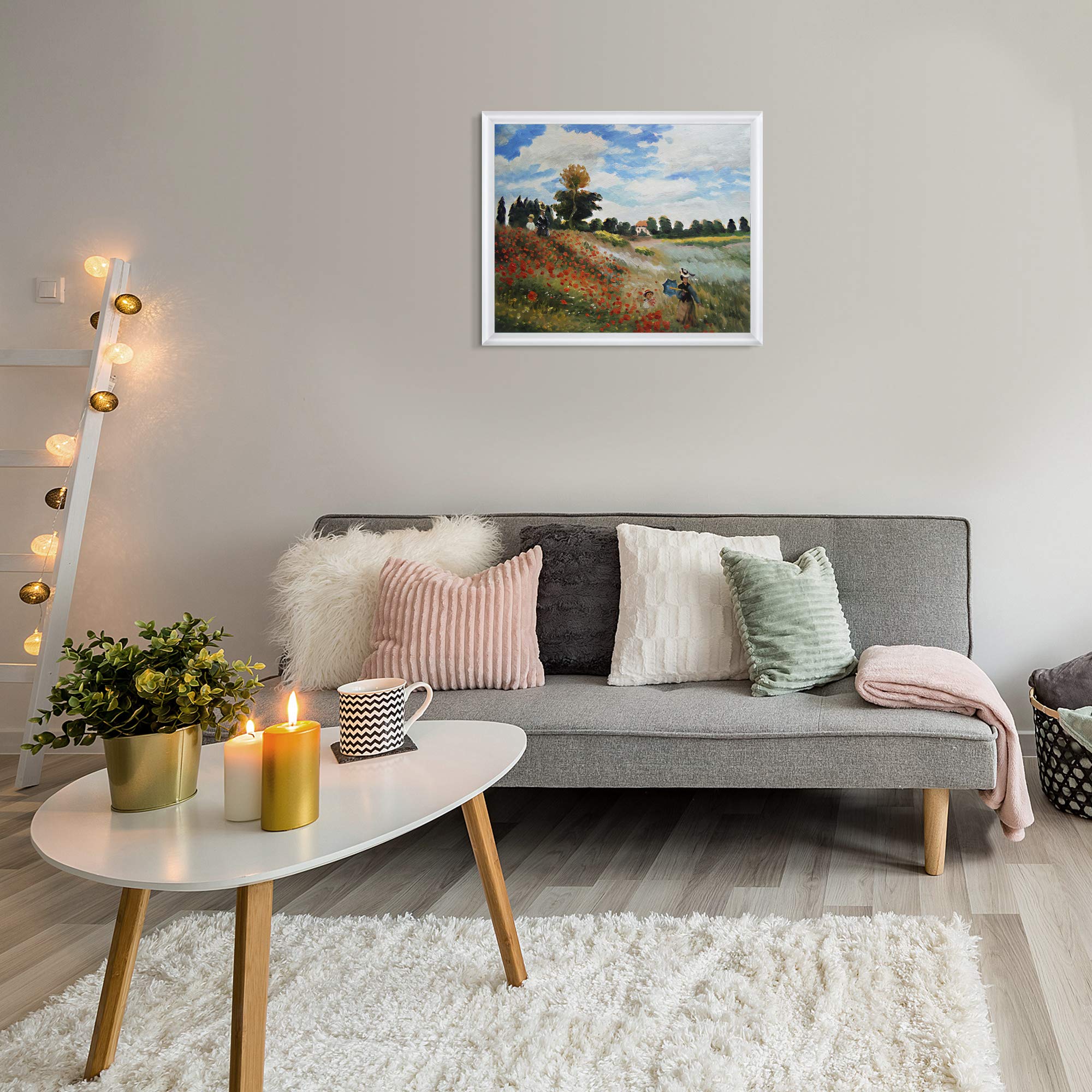 La Pastiche Hand Painted Oil Painting Reproduction - Poppy Field in Argenteuil by Monet, 20x24 Inch, Modern White Frame - Wall Art for Living Room, Bedroom & Office Decor