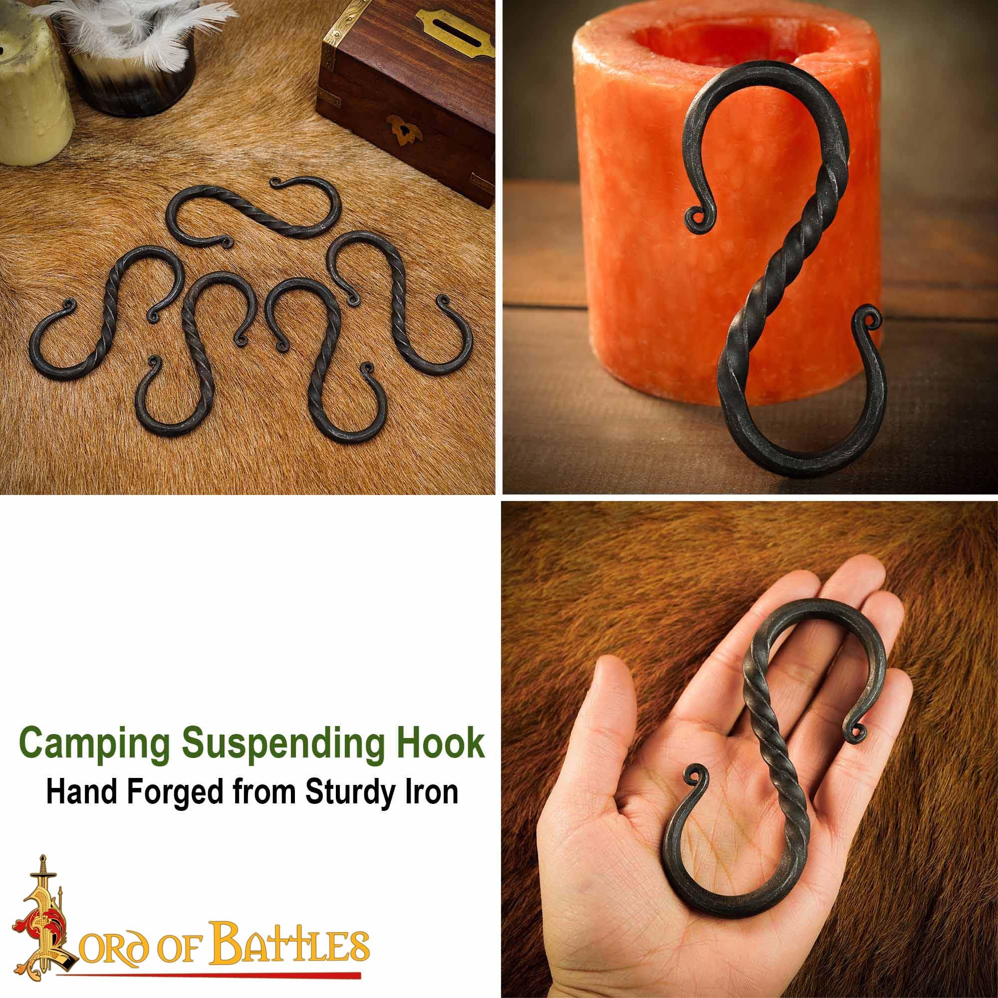 Viking Iron S-Shaped Hook - Hand Forged Black Hanging Cooking Stand for Camping, Outdoor Cooking & Medieval Reenactments | Durable Camp Accessory for Dutch Ovens & Cauldrons