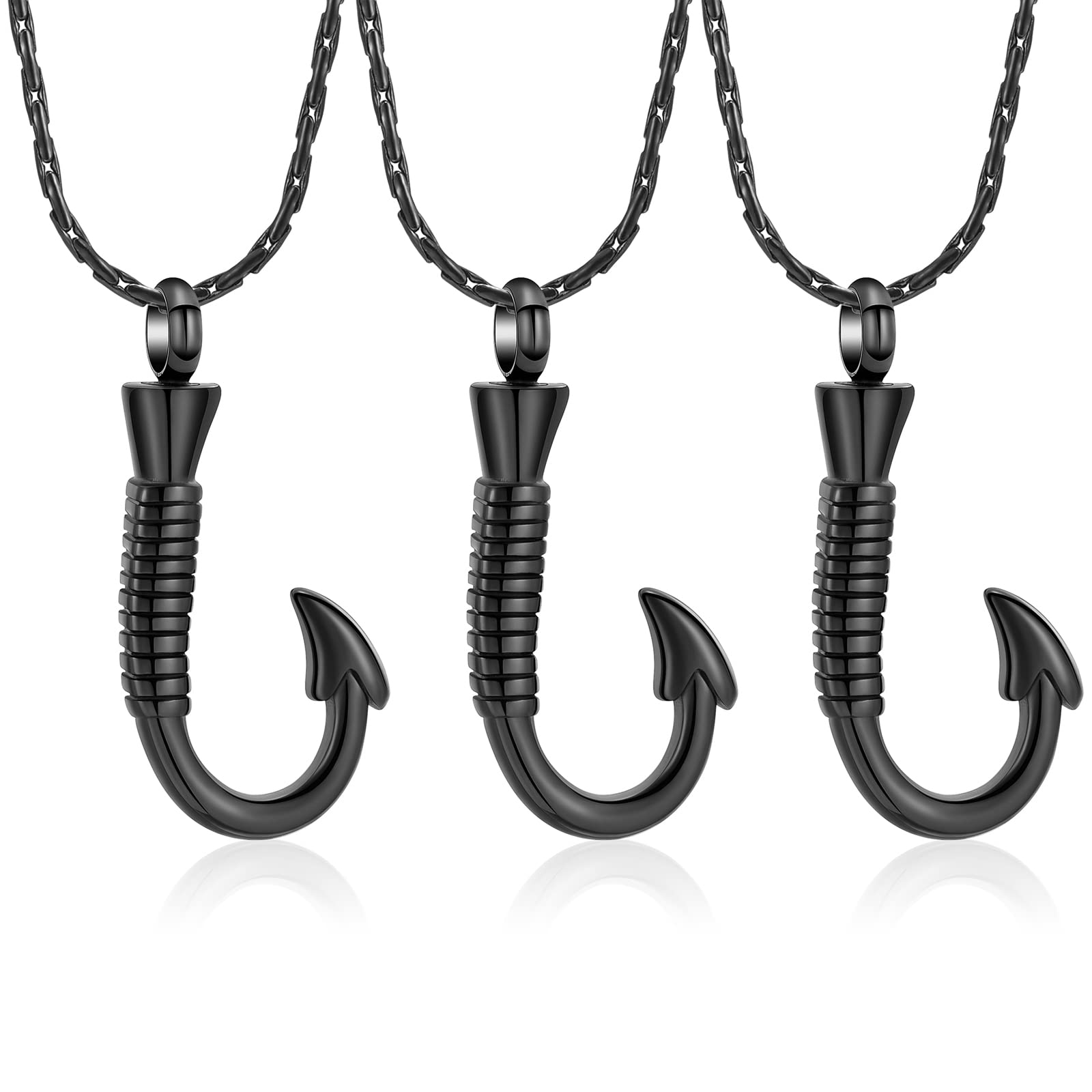 3 Pack Fish Hook Urn Necklace - Stainless Steel Memorial Pendant for Ashes - Cremation Jewelry for Women & Men - Perfect for Outdoor Memorials