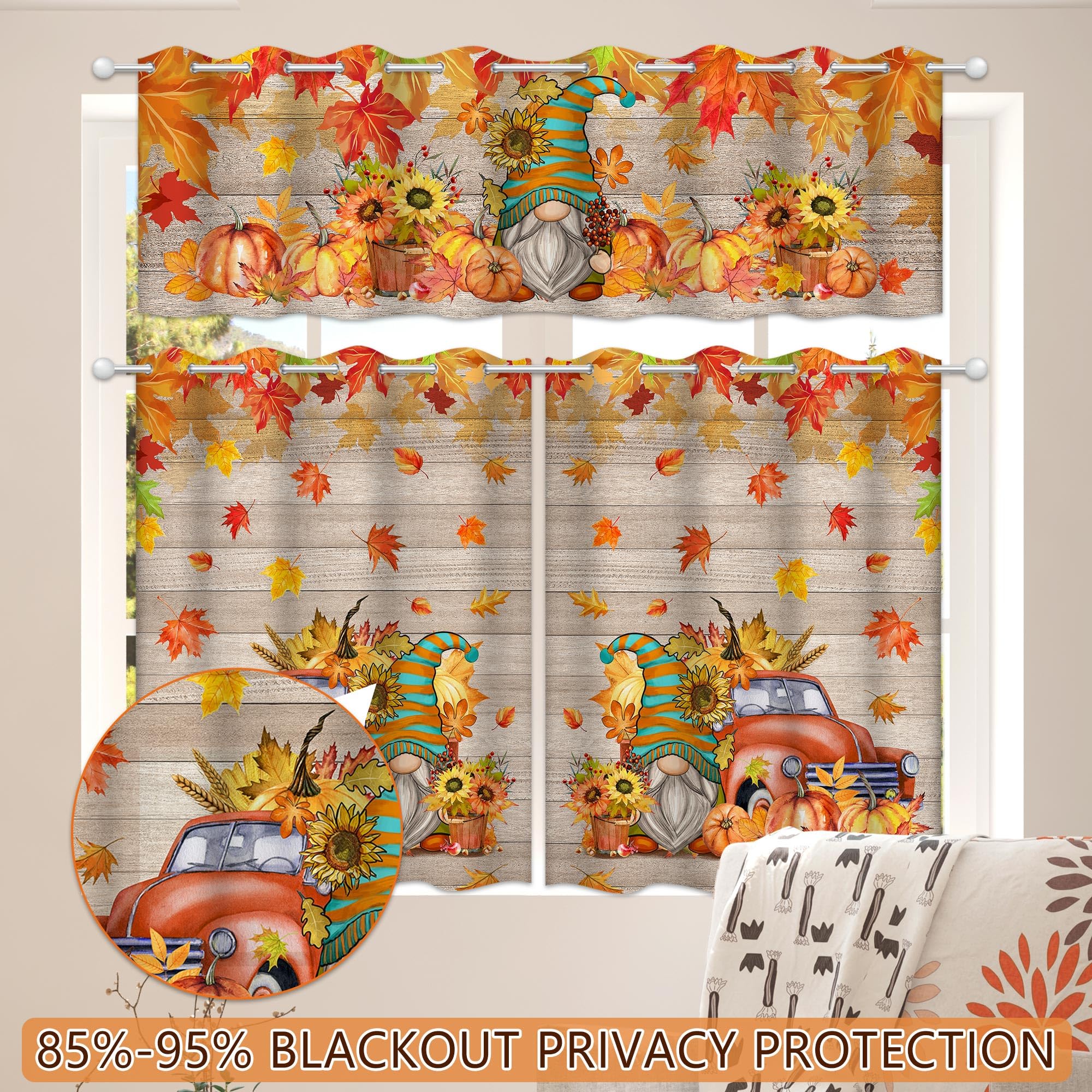 Fall Kitchen Curtains Set of 3 - Farmhouse Gnome, Truck & Pumpkin Harvest Window Curtains 36 Inch Length - Thanksgiving Home Decor for Cozy Autumn Kitchen
