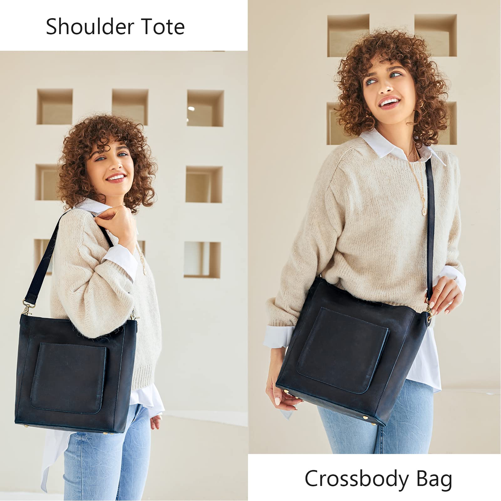 S-ZONE Women's Genuine Leather Tote Bag & Distressed Shoulder Bucket Purse Set - Stylish Handbag Bundle for Work, Travel and Everyday Use