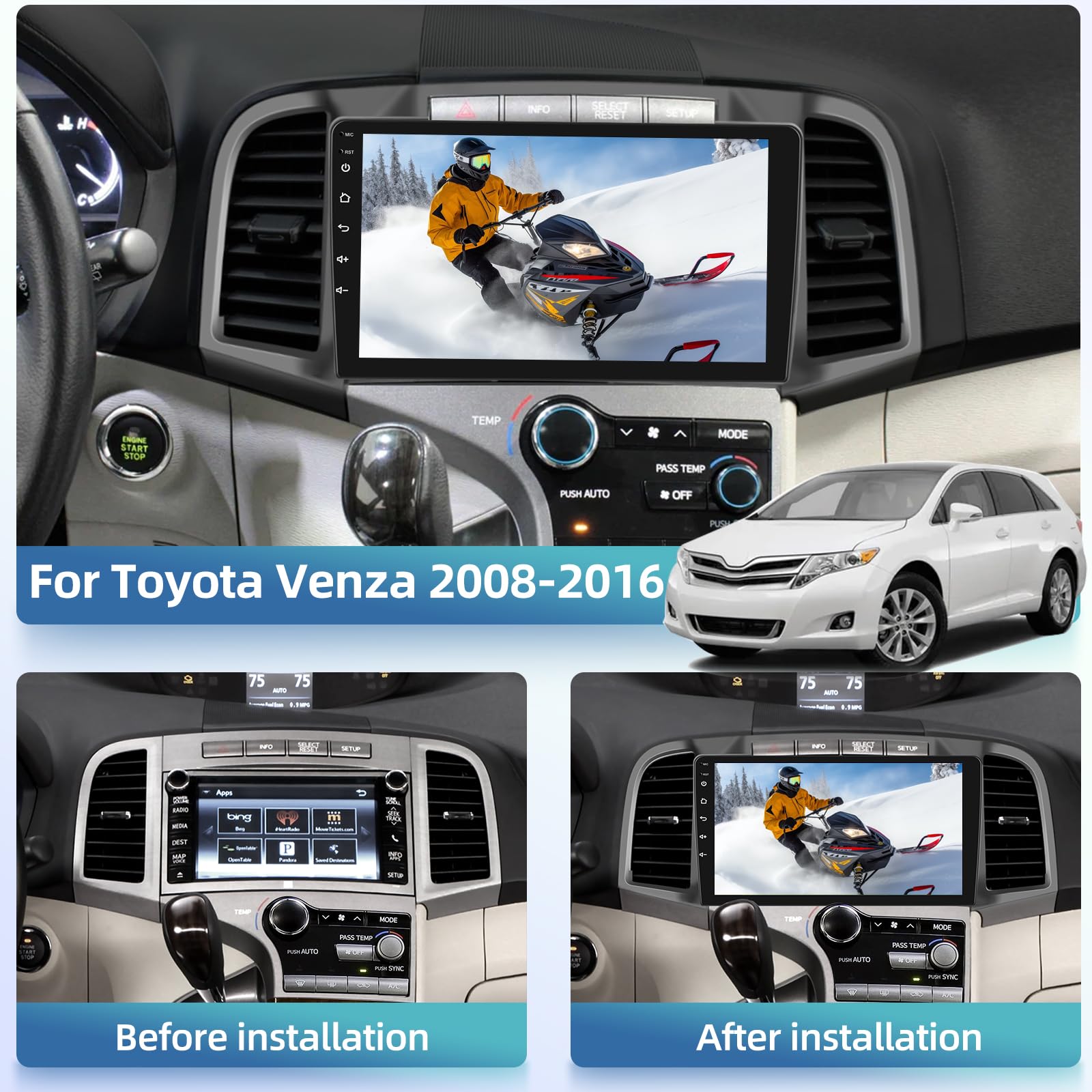 2008-2016 Toyota Venza Android 13 Car Stereo - 9 Inch Touchscreen with Wireless Apple Carplay & Android Auto - GPS Navigation, WiFi, Mirror Link, FM/RDS - Includes AHD Backup Camera & Mic - Perfect for Road Trips & Daily Commutes