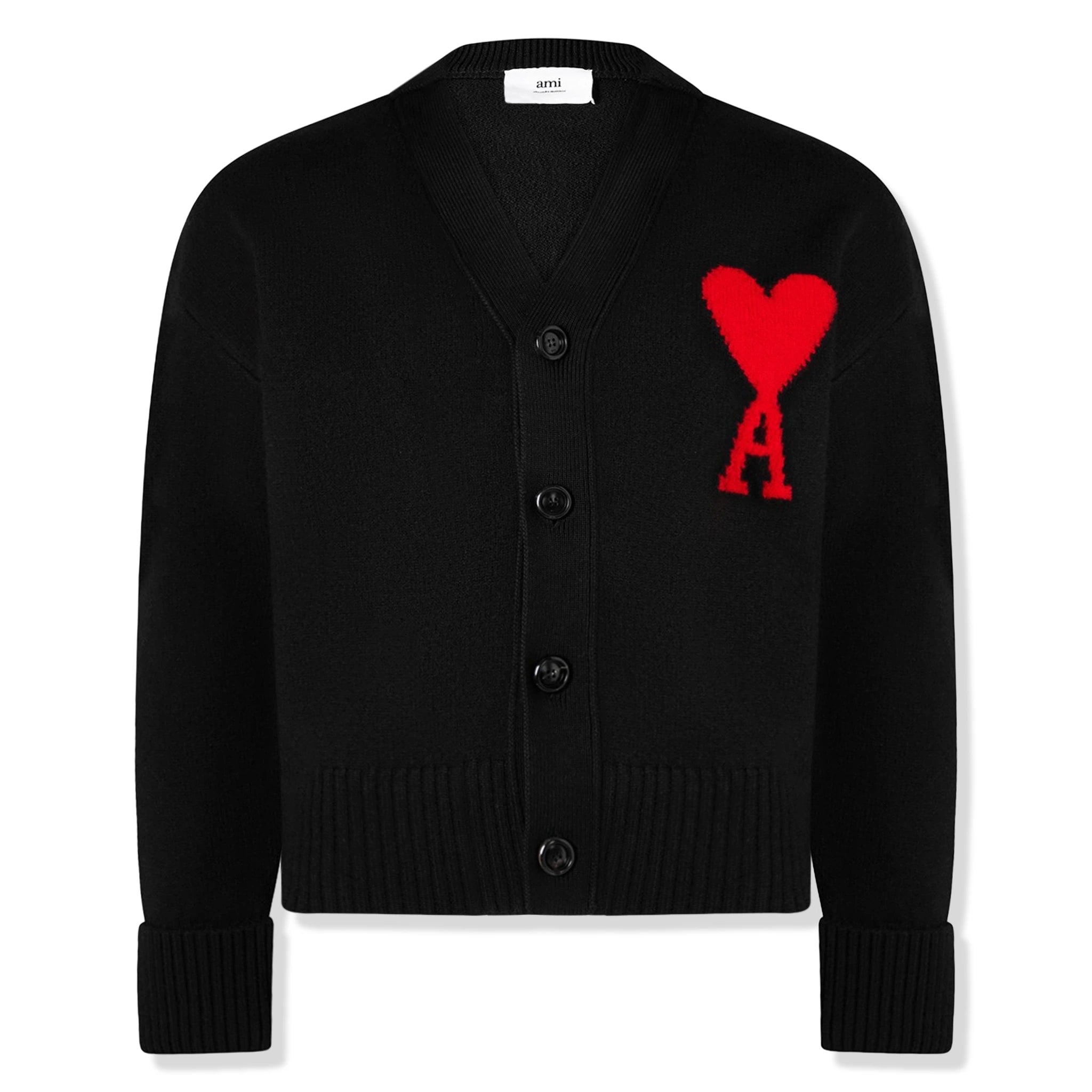 Ami Paris Ami De Coeur Black & Red Knit Cardigan Sweater for Women | Casual Chic Layering Piece for Fall & Winter Outfits