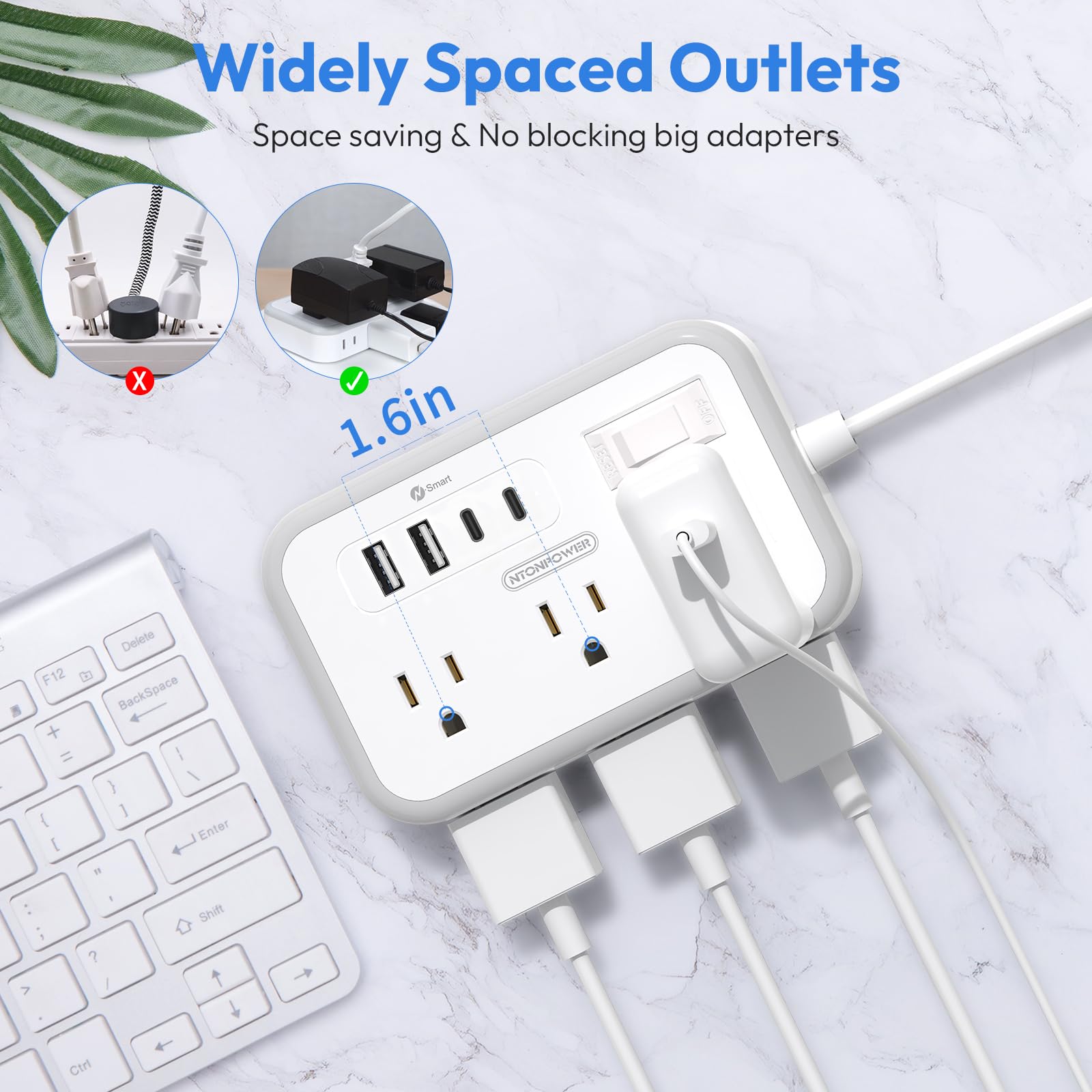 15 ft Extension Cord with 6 Outlets & 4 USB Chargers (2 USB-C) - 1080J Surge Protector Power Strip, Flat Plug for Home, Office, Dorm - Perfect for Charging Phones, Laptops & Home Electronics