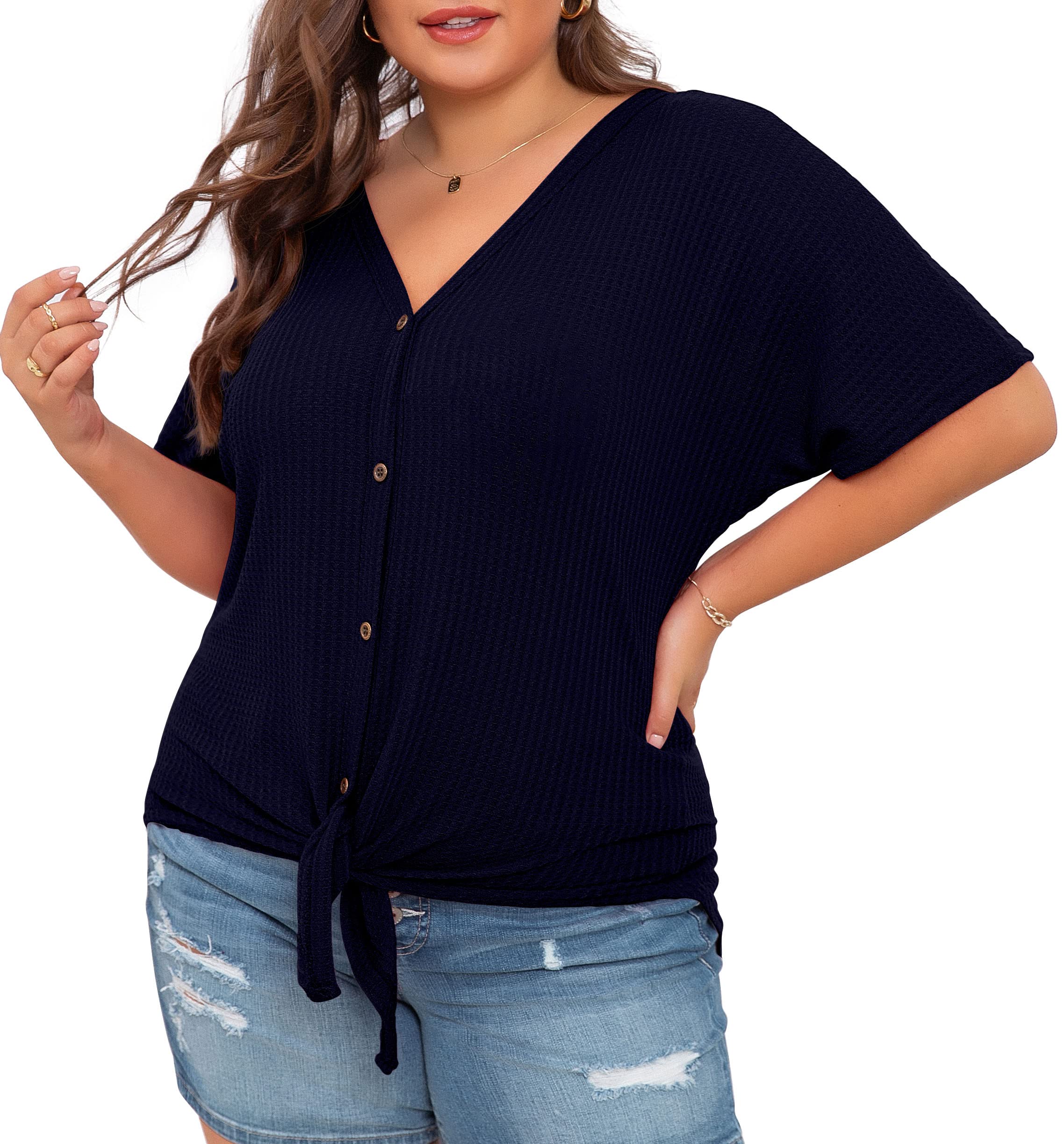 OLRIK Women's Plus Size Short Sleeve V-Neck Waffle Knit Tunic Blouse - Tie Front Button Up T-Shirt for Casual Wear & Office Outfits