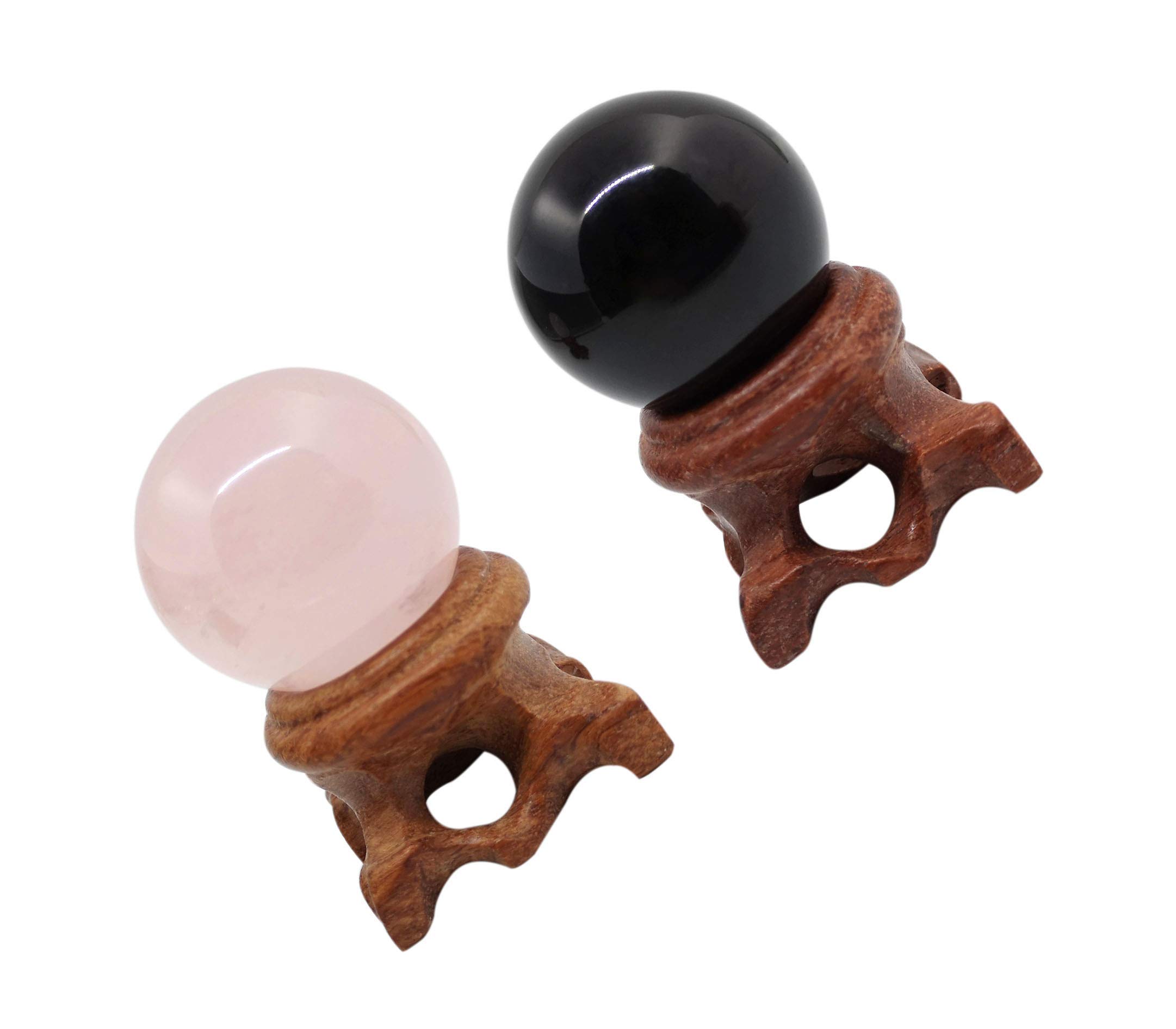 Natural Rose Quartz & Black Obsidian Crystal Spheres Set of 2 with Wooden Display Stand - Healing Stones for Meditation, Feng Shui & Home Decor