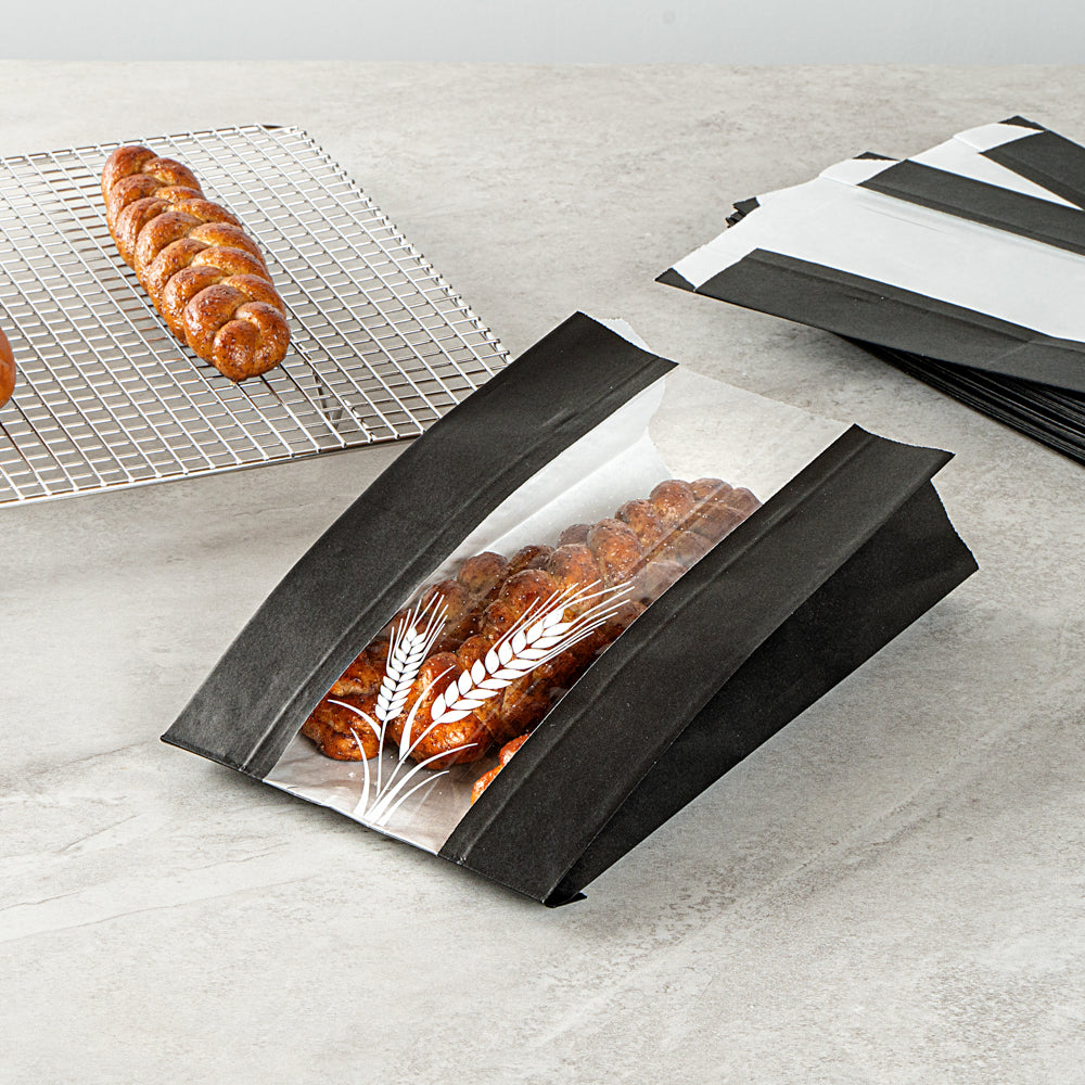 Eco-Friendly Black Paper Bread Bags - Micro Perforated, Greaseproof, Wheat Pattern (6x2.75x10 Inches) - 100 Count Box - Perfect for Bakery, Sandwich Shop & Food Packaging