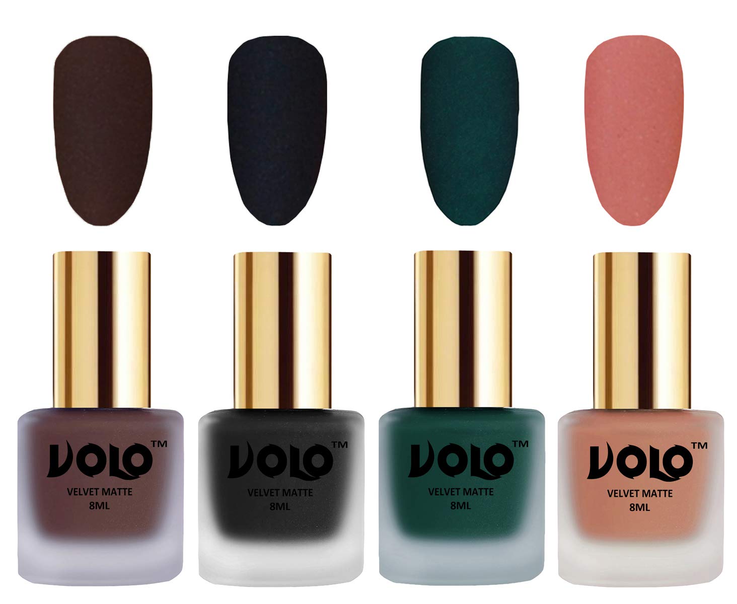 Volo Velvet Matte Nail Polish Set - 4 Pack (Chocolate Brown, Black, Dark Green, Light Peach) 32ml Each | Long-Lasting Party & Evening Wear Nail Colors for Women
