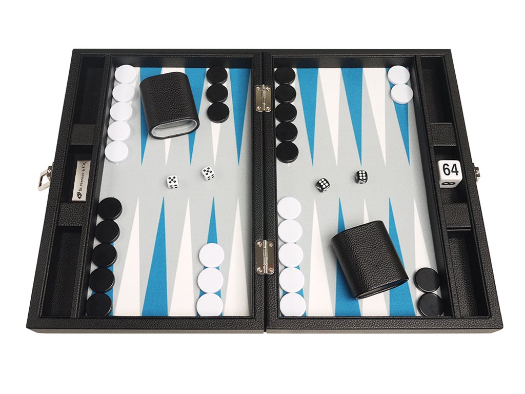 Premium 13-inch Travel Backgammon Set with Black Board & White/Astral Blue Points - Portable Game for Camping, Beach & Family Game Nights