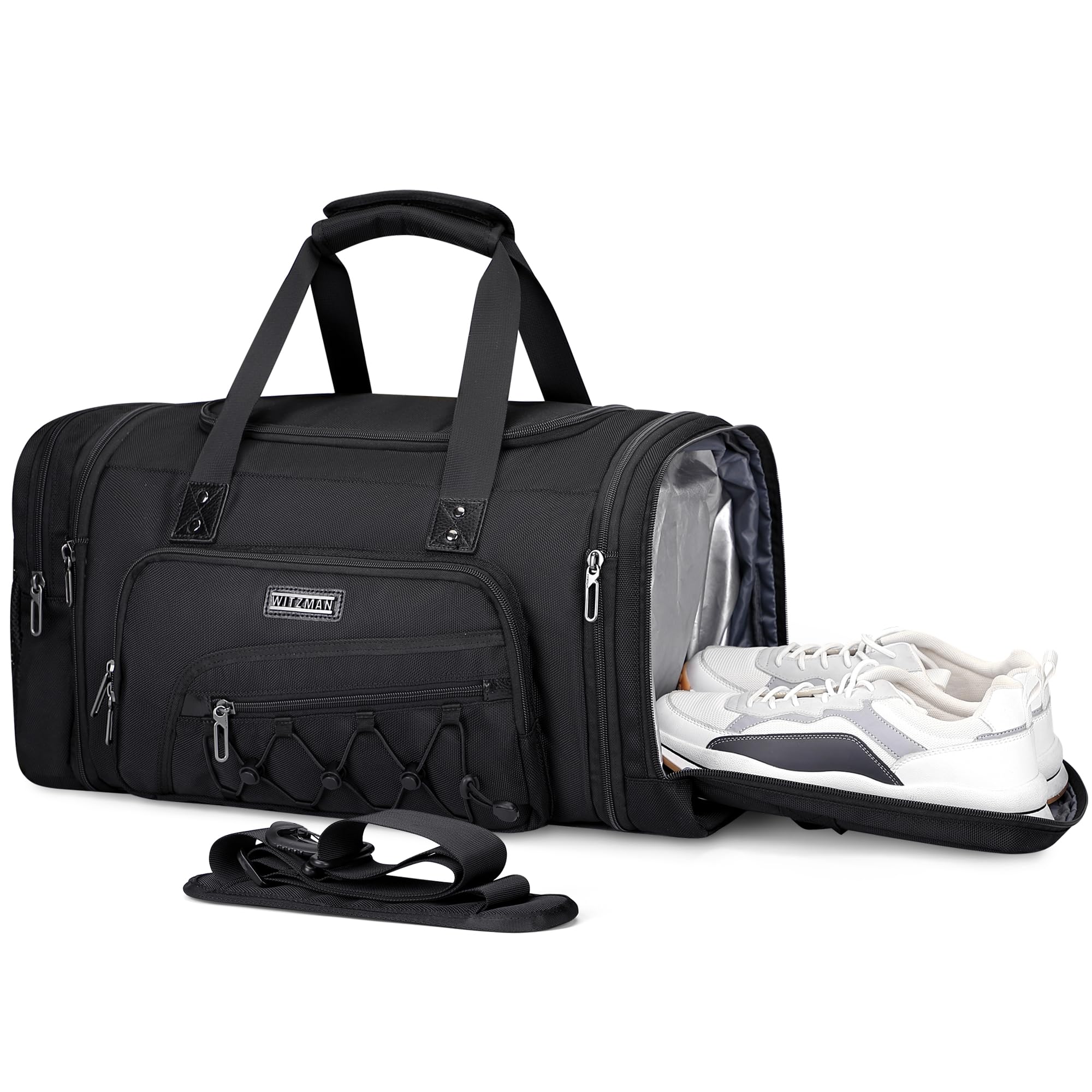 WITZMAN Men's Large Nylon Duffle Bag - Expandable Gym Weekender with Shoe Compartment, Carry On Overnight Bag (B695 Black) - Perfect for Travel, Workout & Weekend Getaways