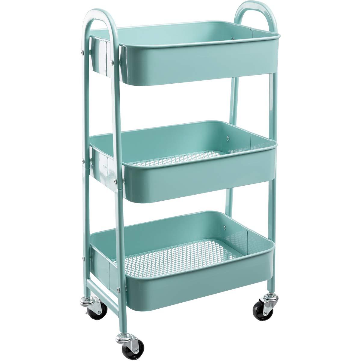 AGTEK 3-Tier Rolling Makeup Cart - Aqua Blue Metal Beauty Organizer with Wheels for Salon, Home, and Professional Makeup Artists