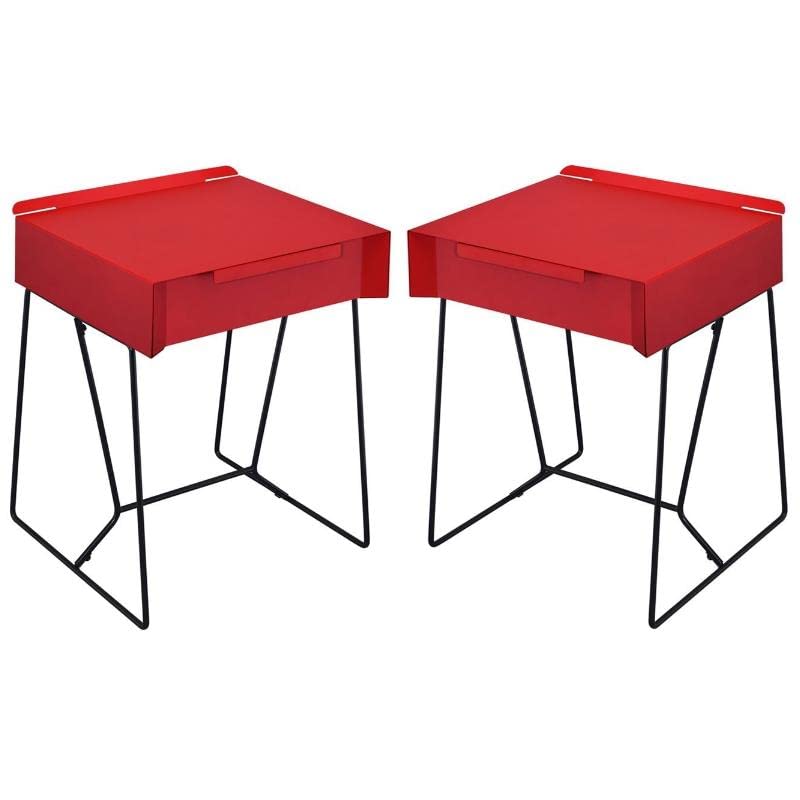 Modern Red Metal End Table with 1 Drawer - Set of 2 Nightstands for Bedroom, Living Room & Office - Home Square Eva Contemporary Side Table