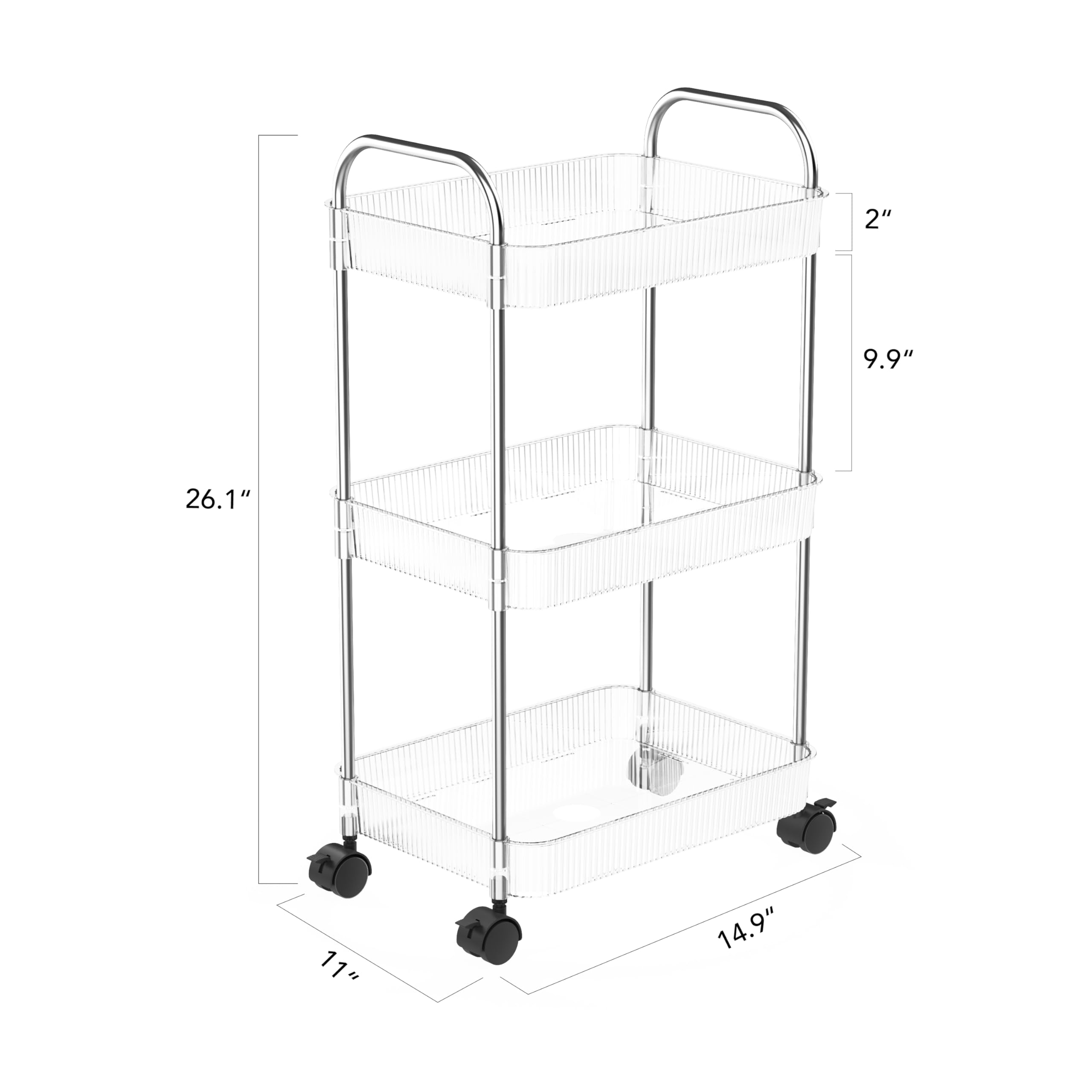 3 Tier Rolling Cart with Wheels - Sturdy Utility Trolley with Handle, Clear Acrylic Mobile Storage Organizer for Kitchen, Bathroom, Office, Nursery | Perfect for Laundry, Books, Snacks, Crafts & Home Organization (Space-Saving Solution)