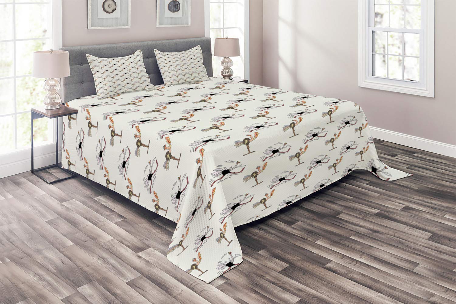Ambesonne King Size 3-Piece Quilted Bedspread Set with 2 Pillow Shams - Colorful Cartoon Ostrich Pattern Decorative Coverlet for Modern Bedroom Decor | Soft & Cozy Quilt for Guest Room, Master Bedroom or Dorm