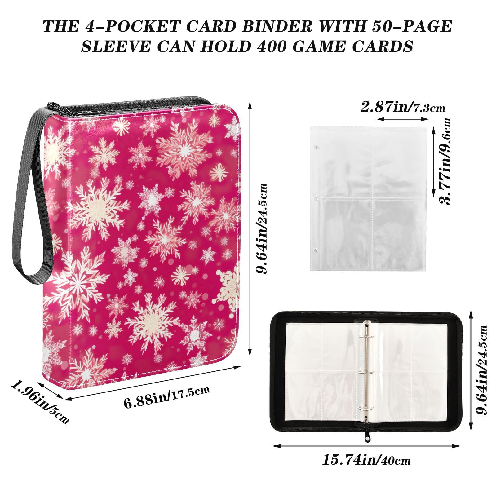 Christmas Snowflakes Red Winter 4-Pocket Trading Card Binder with 50 Sleeves - Holds 400 Cards, 3-Ring Card Protector for Collectors | Perfect for Holiday Gifts, TCG Storage & Card Game Organization