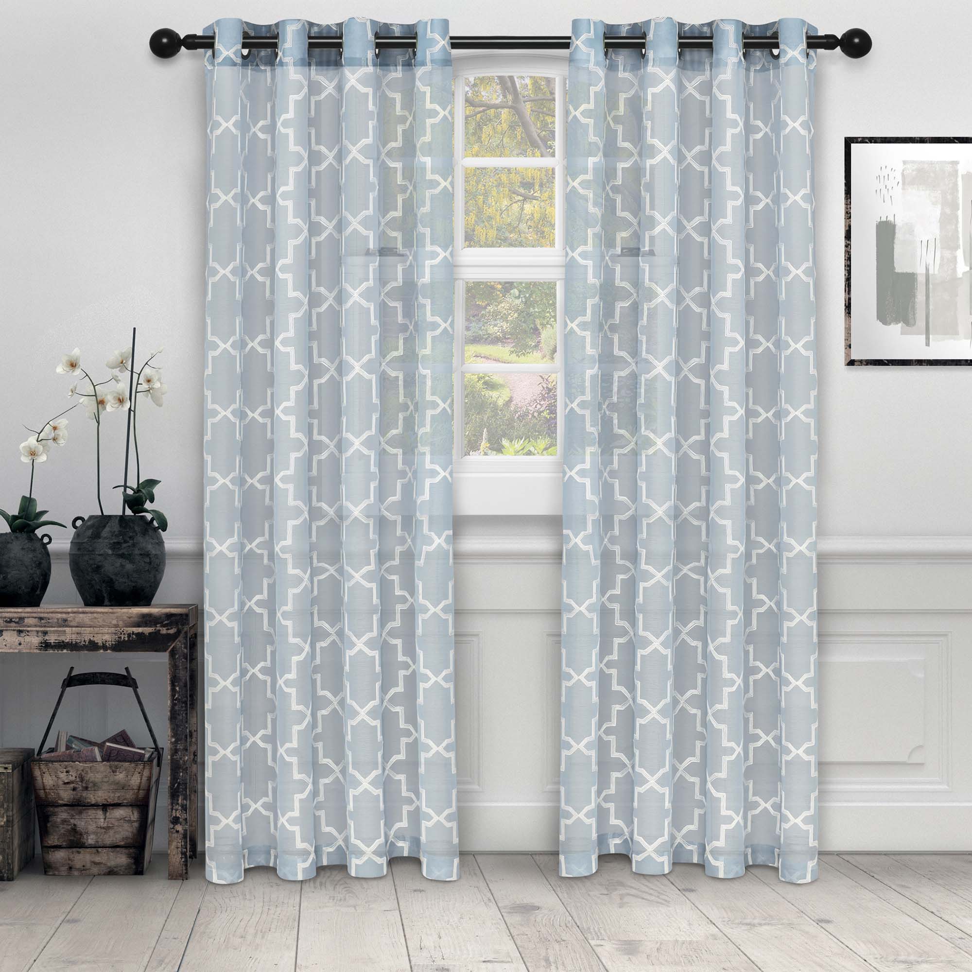 Embroidered Quatrefoil Semi-Sheer 2-Piece Curtain Panel Set - Elegant Window Treatment for Living Room & Bedroom Decor
