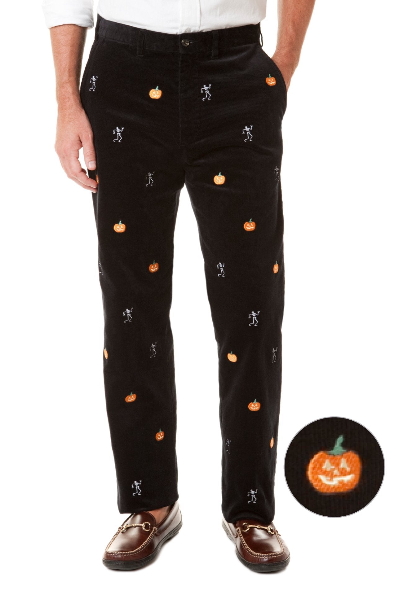 Beachcomber Corduroy Pants for Men - Black Halloween Skeleton & Jack-O-Lantern Print - Casual Fall & Winter Trousers for Parties, Cosplay and Everyday Wear