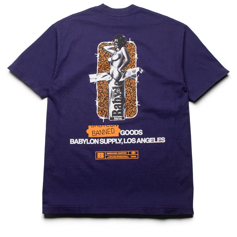 Babylon Banned Goods T-Shirt - Purple Cotton Graphic Tee for Streetwear & Urban Fashion | Perfect for Concerts, Festivals and Casual Outfits