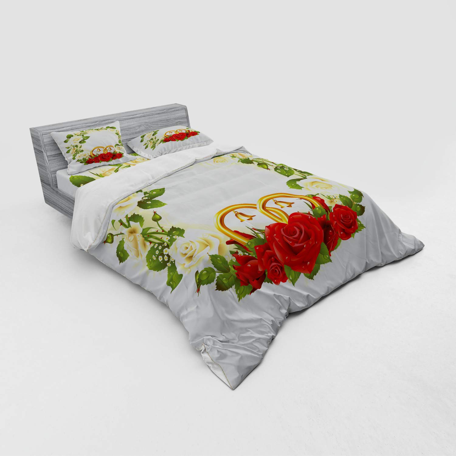 Ambesonne Wedding Bedding Set 4-Piece Queen Size - White & Red Rose Floral Duvet Cover with Shams & Fitted Sheet - Romantic Couple Gift for Anniversary, Honeymoon - Perfect for Master Bedroom Decor