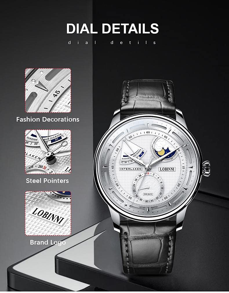 LOBINNI Men's Moon Phase Automatic Mechanical Watch - Waterproof Luxury Dress Wristwatch for Business & Formal Occasions - Perfect for Office, Weddings & Special Events