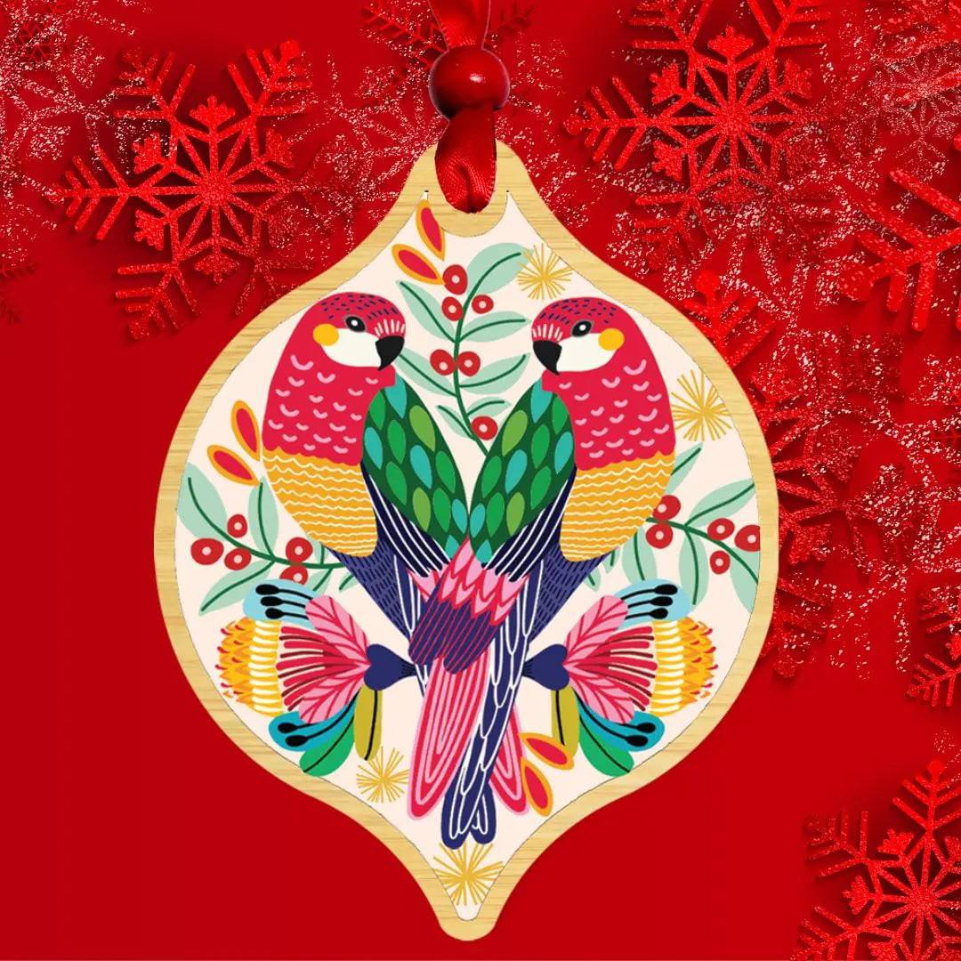 Rosella Birds Christmas Card & Wooden Ornament - Festive Holiday Greeting Card with Handcrafted Wooden Bauble for Tree Decorations and Gift Giving