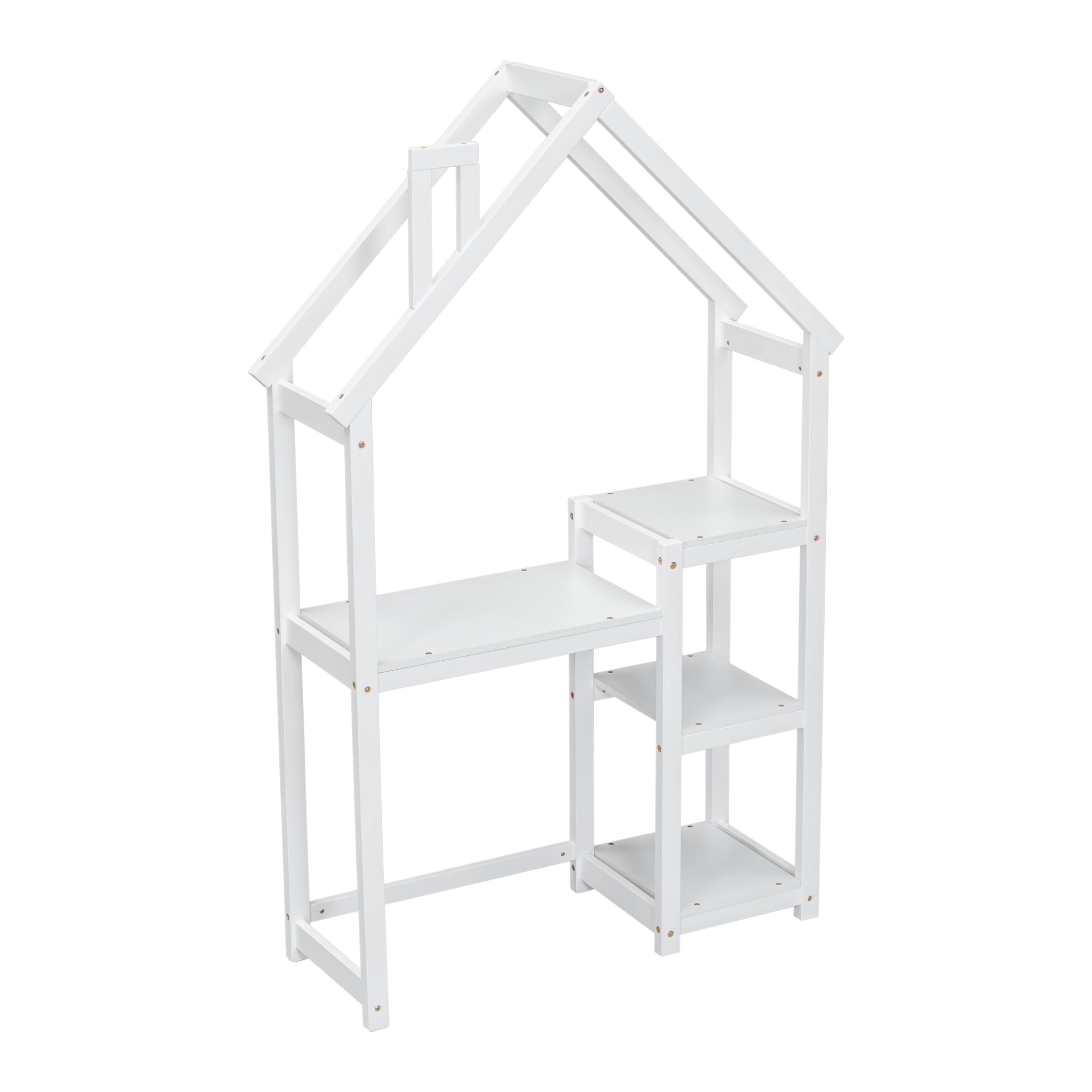 Kids Wooden House-Shaped Writing Desk - Multi-Functional Study Table with 3-Tier Storage Shelves, Open Bookshelf & Toy Organizer - Perfect for Bedroom, Playroom & Homeschooling (White)