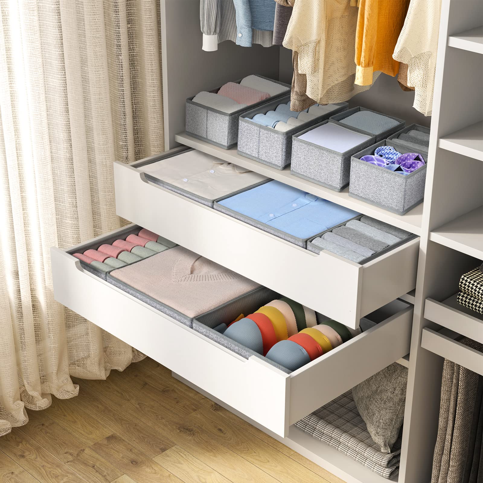 DIMJ 12 Pack Foldable Closet & Dresser Drawer Organizers - Fabric Storage Dividers for Clothes, Underwear, Bras, Socks | Space Saving Solution for Bedroom, Closet & Wardrobe Organization