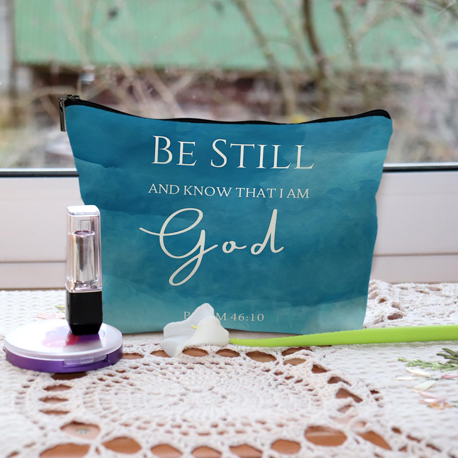 Christian Leather Makeup Bag with Bible Verse 'Be Still and Know That I Am God' - Scripture Gift for Women, Blue Pu Cosmetic Pouch - Perfect for Church, Travel & Daily Devotional Use